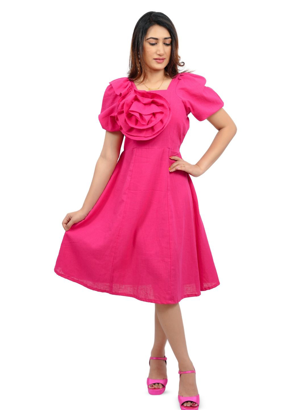 BELLO DONA CLOTHING Women Square Neck Cotton Fit & Flare Midi Dress