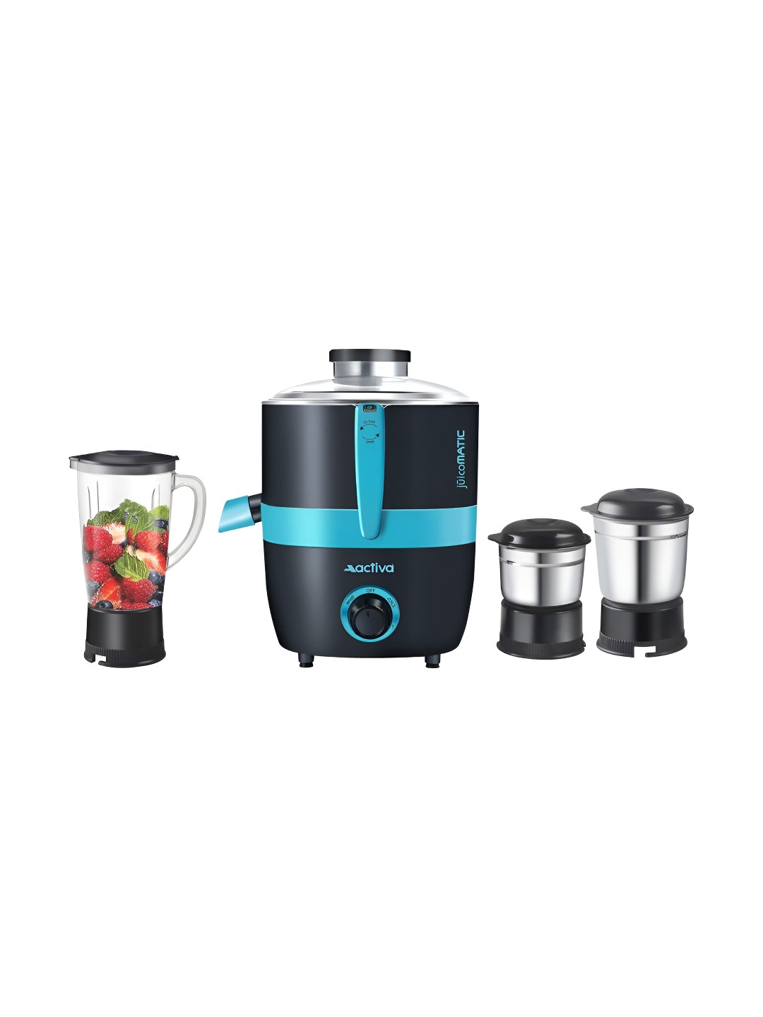 Activa Juicomatic Blue Stainless Steel Anti Slip Rubber Feet 3 Jars Wet and Dry Grinder with Juicer-600W