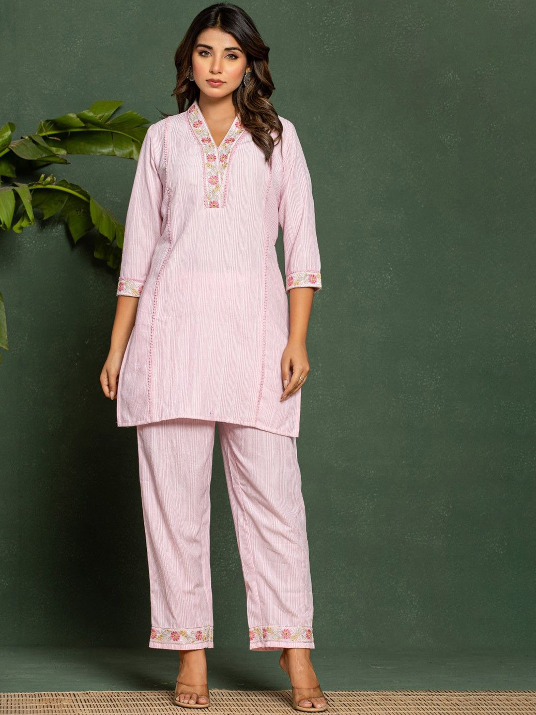 AUTUMN LANE Iti Floss Striped Pure Cotton Straight Kurti & Pant Set