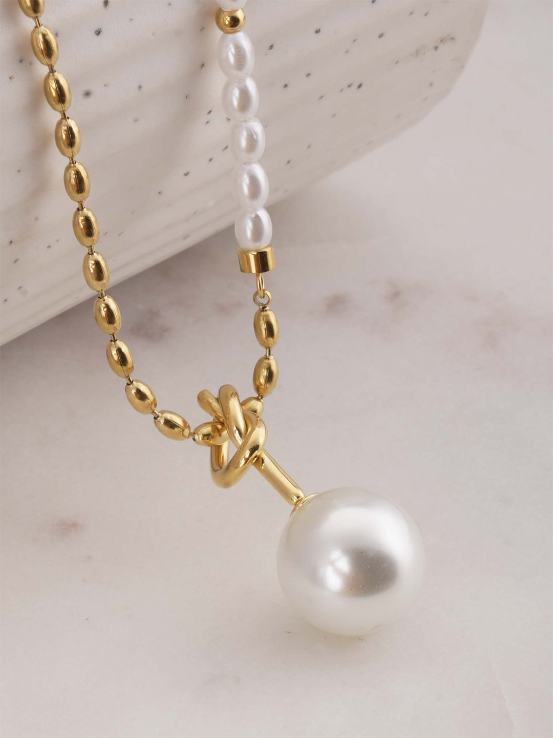 PALMONAS Gold-Plated Stainless Steel Anti-Tarnish Pearls Beaded Royal Orb Adorn Chain