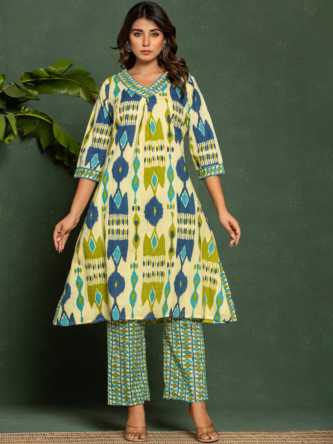 AUTUMN LANE Sasha Pastel Geometric Ikat Printed Pure Cotton A-Line Kurta With Trousers