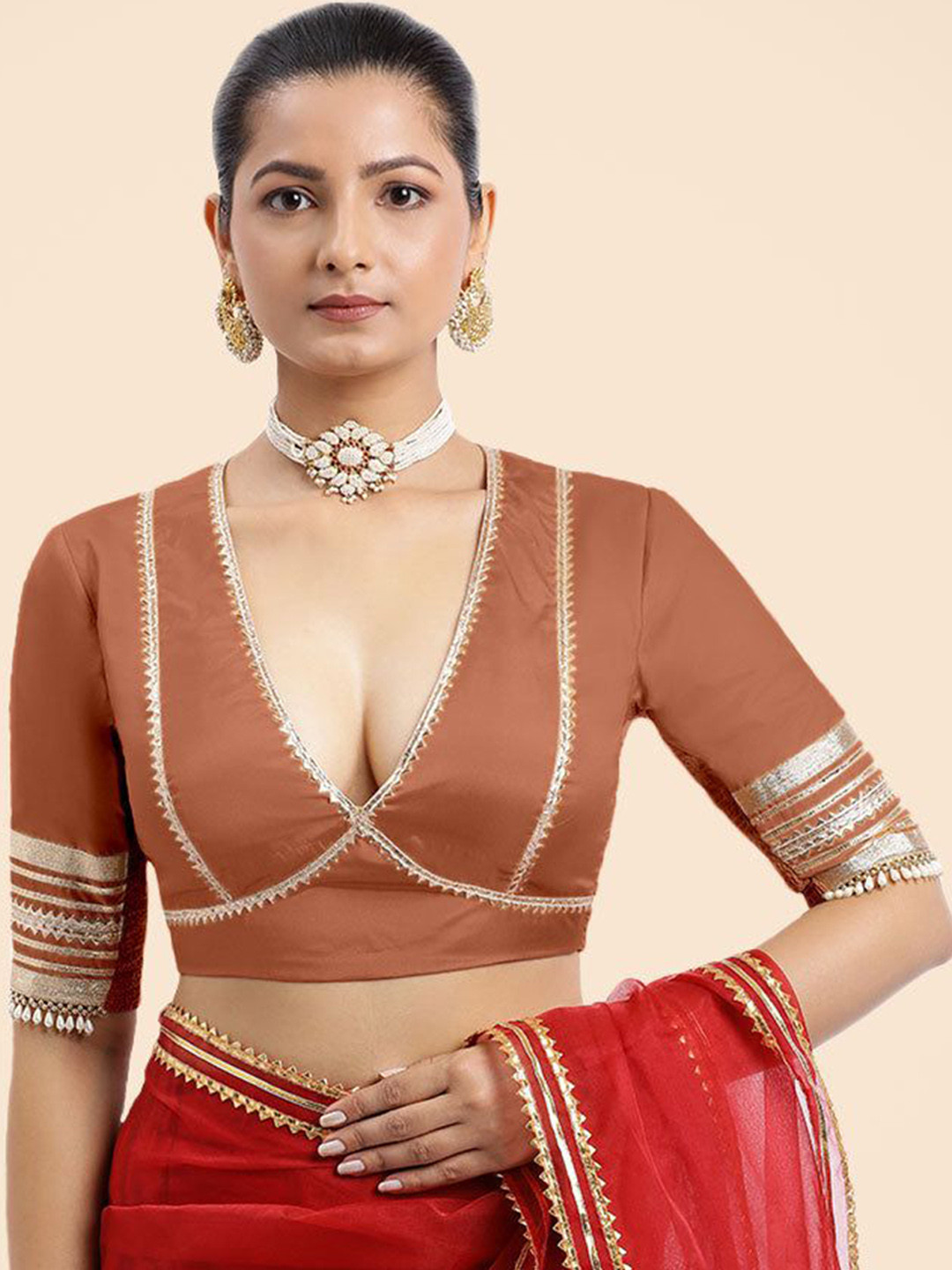 Copper Stretchable Gota Patti Designer Silk V-Neck Elbow Sleeves Blouse