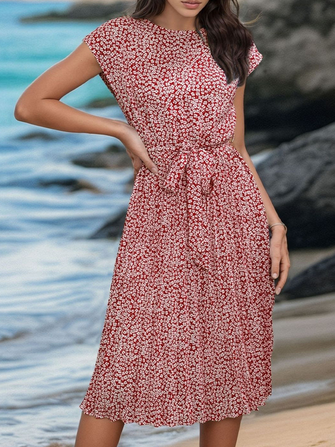 KPOP Women Red Polyester Abstract Printed A-Line Midi Dress