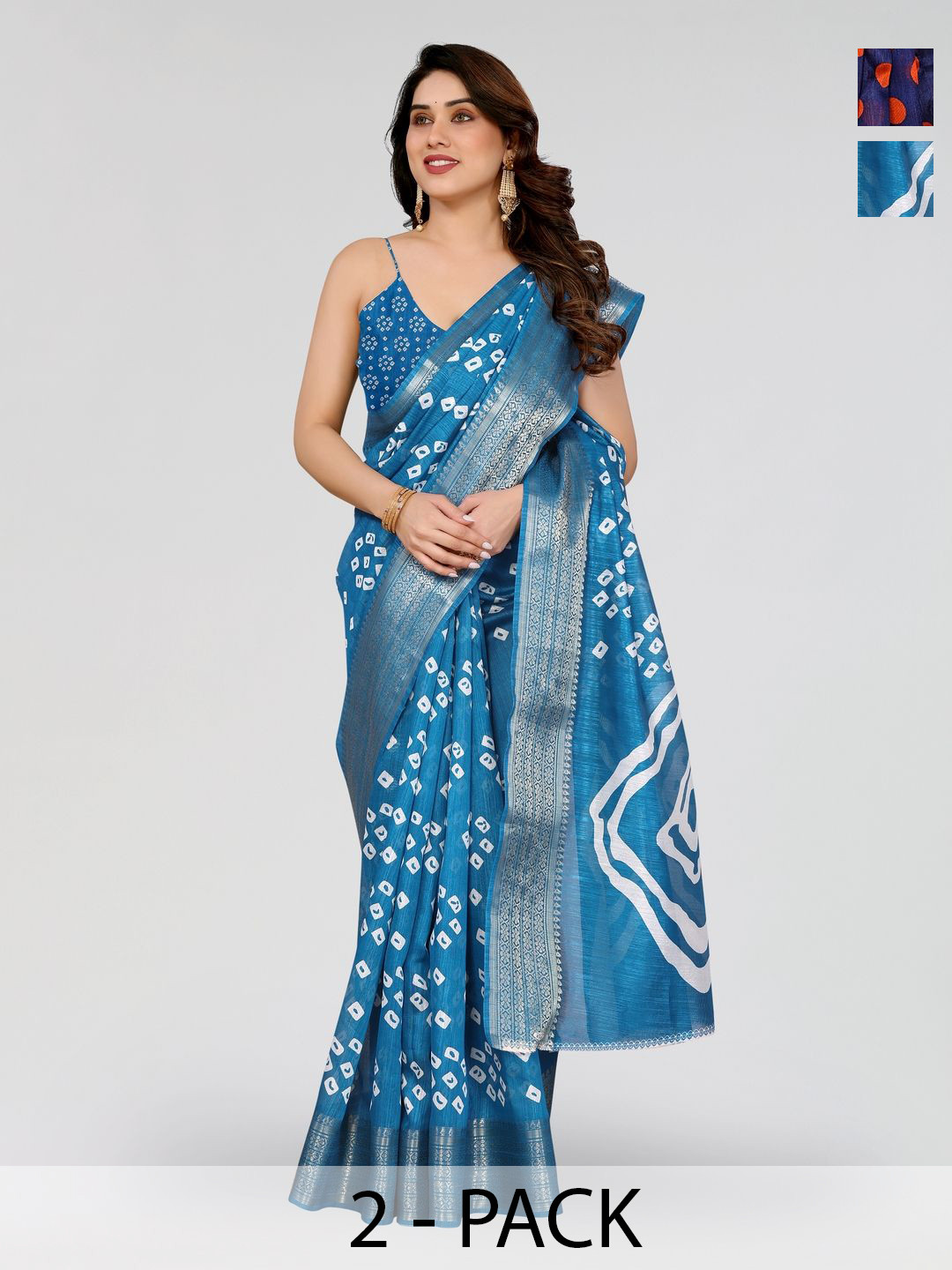 Moda Rapido Women Floral Print Bandhani Cotton Blend Silk Saree Pack of 2 saree