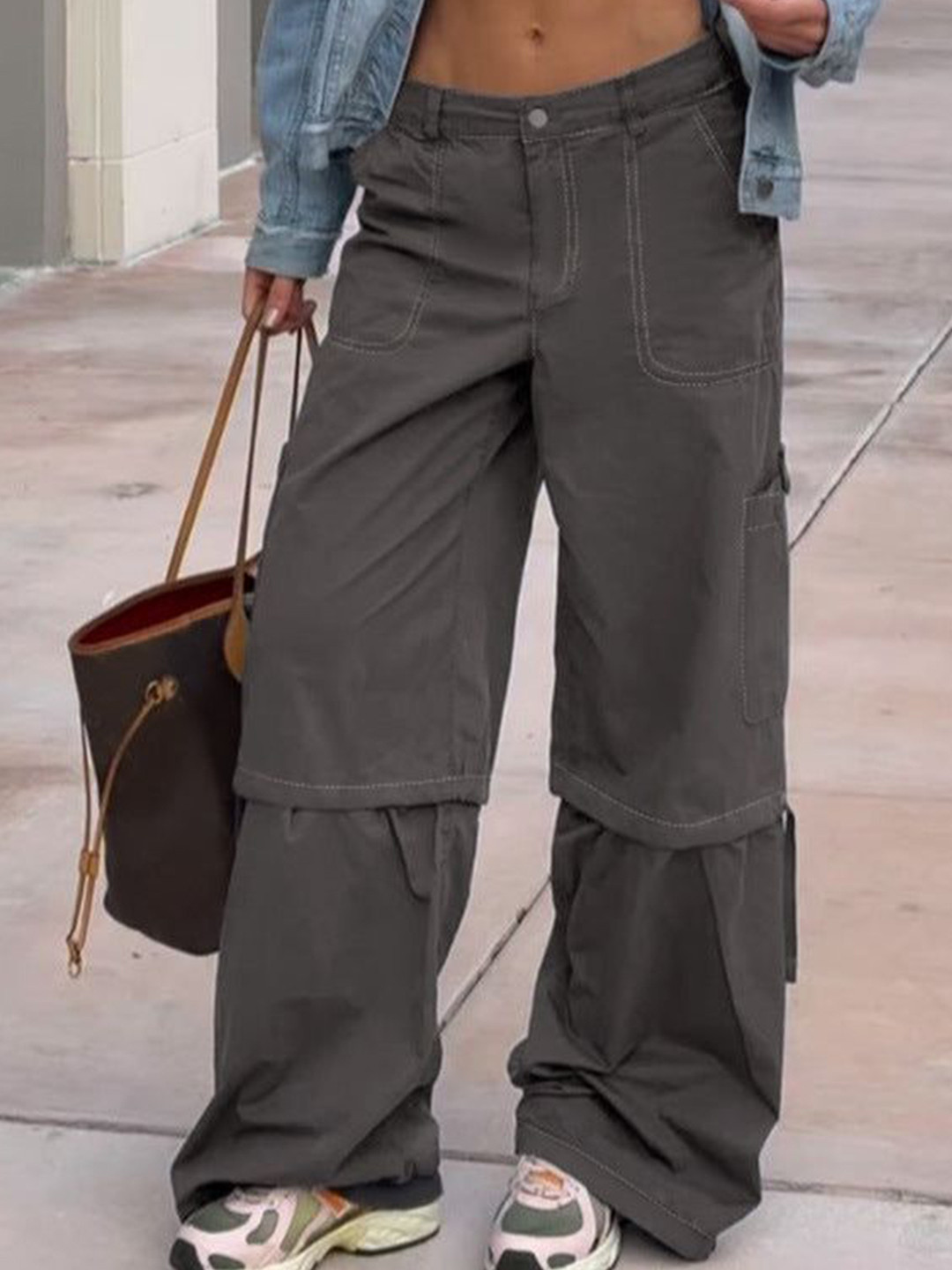 Outzidr Women Grey Cotton Twill Cargo Pants