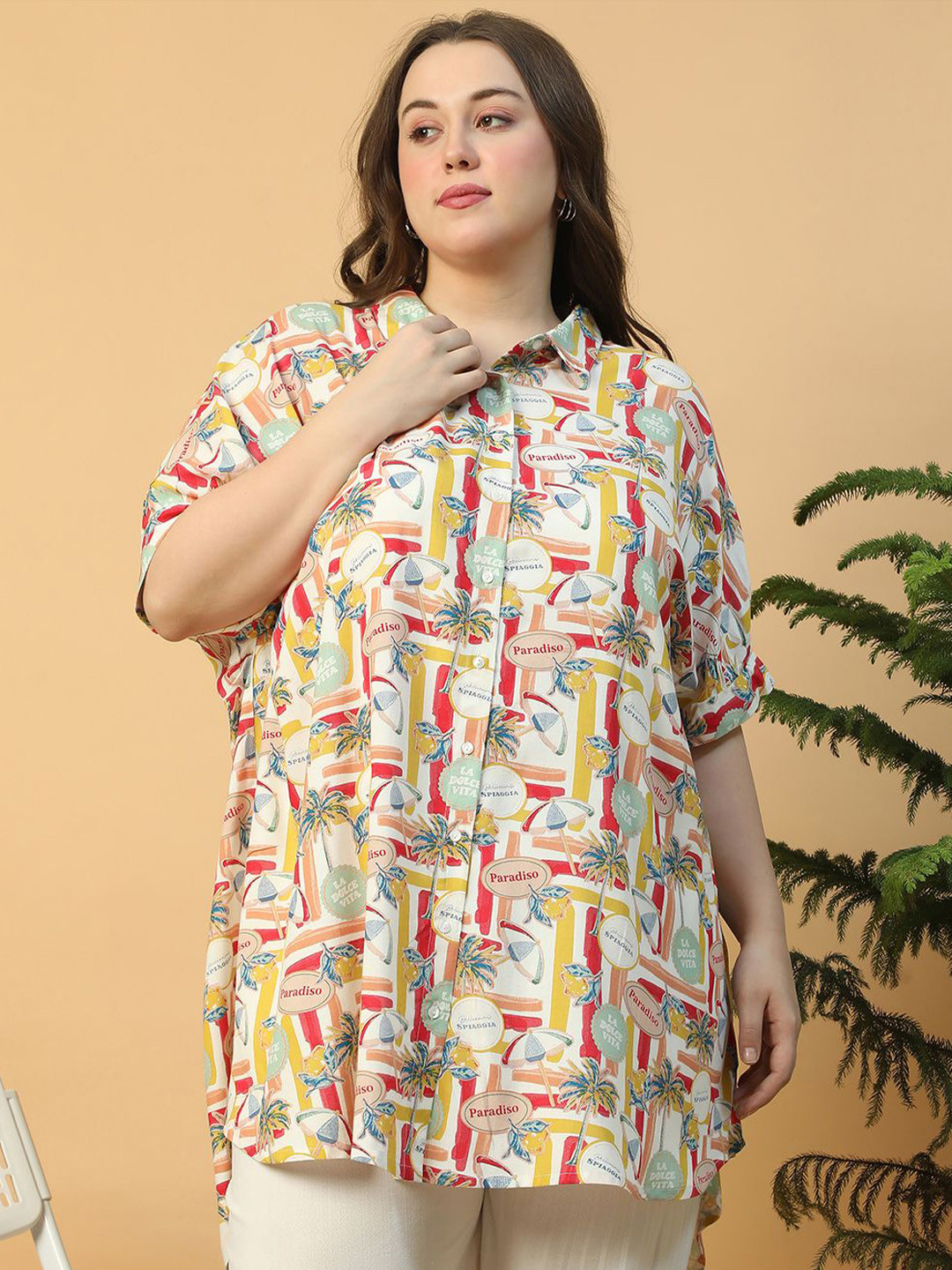 Oxolloxo Plus Size Tropical Print Short Sleeve Button Down Baggy Style Tunic Shirt