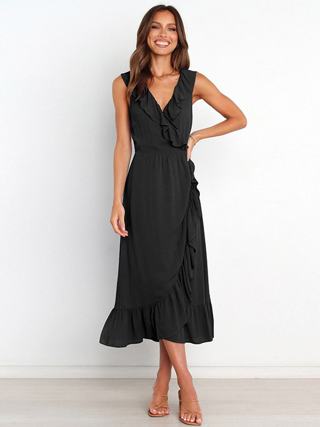 StyleCast Black V-Neck Ruffled Wrap Midi Dress