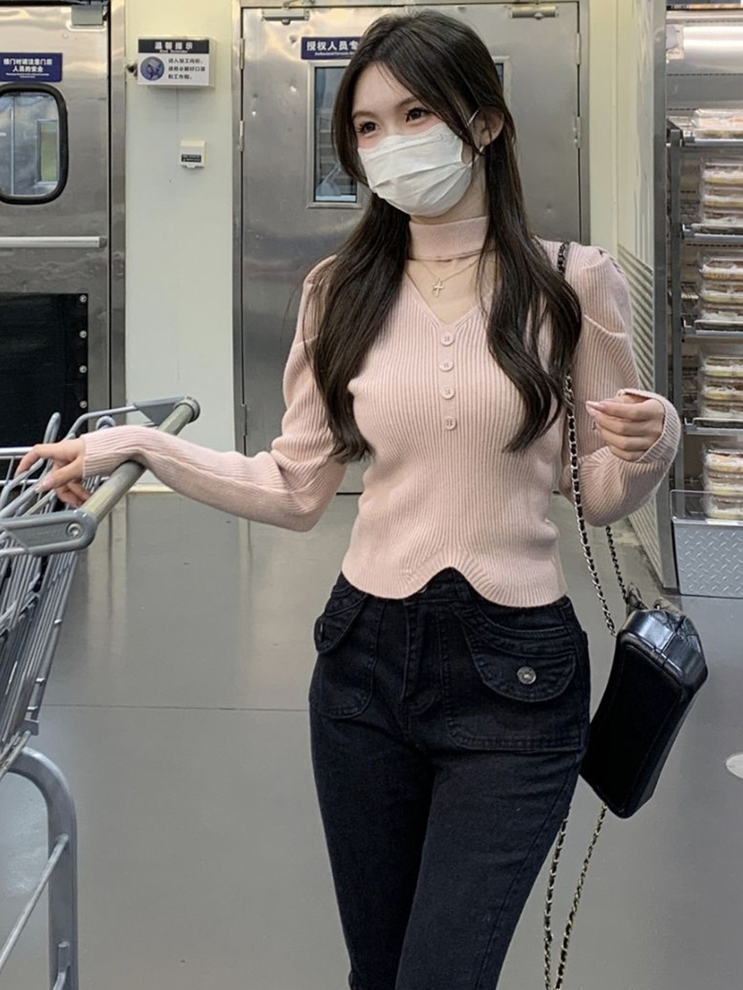 KPOP Women Solid Choker Neck Full Sleeves Regular Top