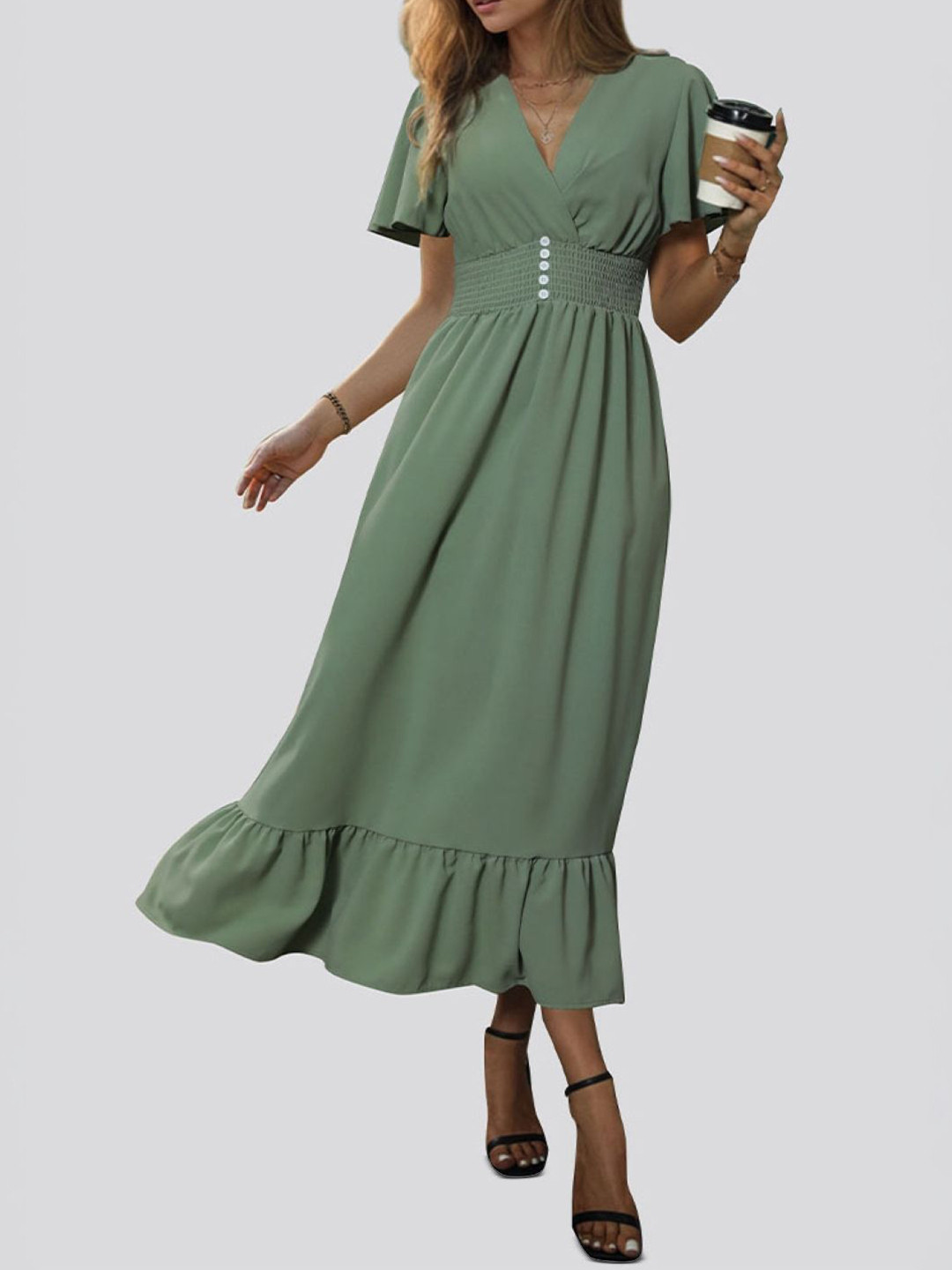 KPOP Solid Green V-Neck Flared Sleeve Flounce Hem Wrap Midi Dress