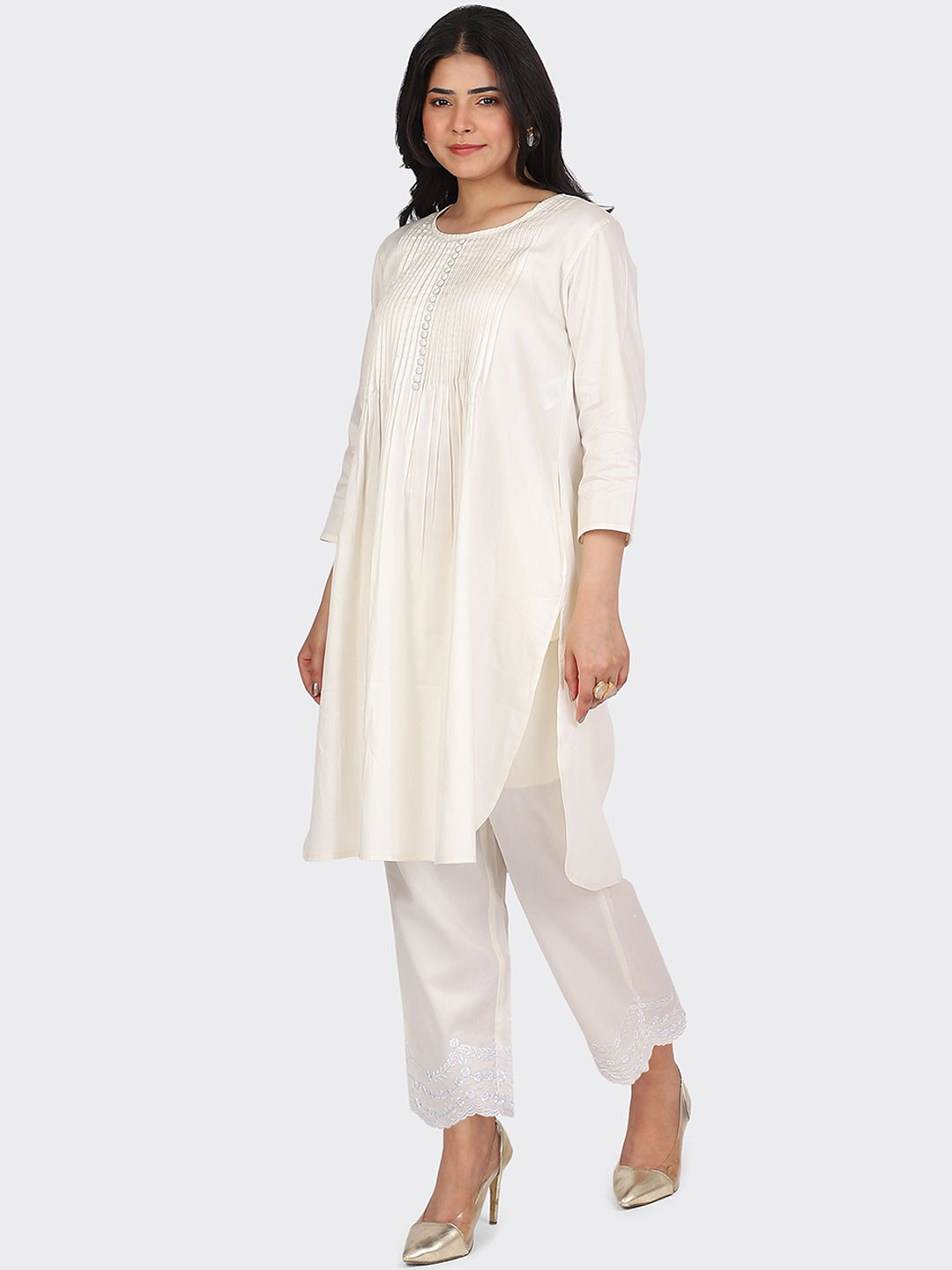 HUE & HIDE Women Pleated Thread Work Pure Cotton Kurta with Palazzos