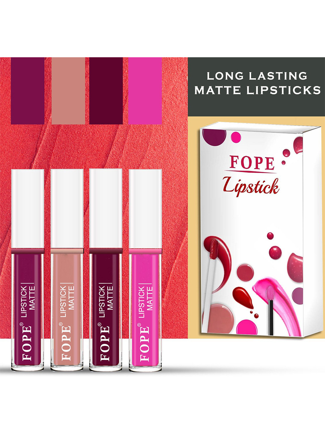 FOPE Set Of 4 Liquid Lipstick-4 ml Each- Plum Velvet 01-Old Pink 06-Maroon 08-Neon Pink 12