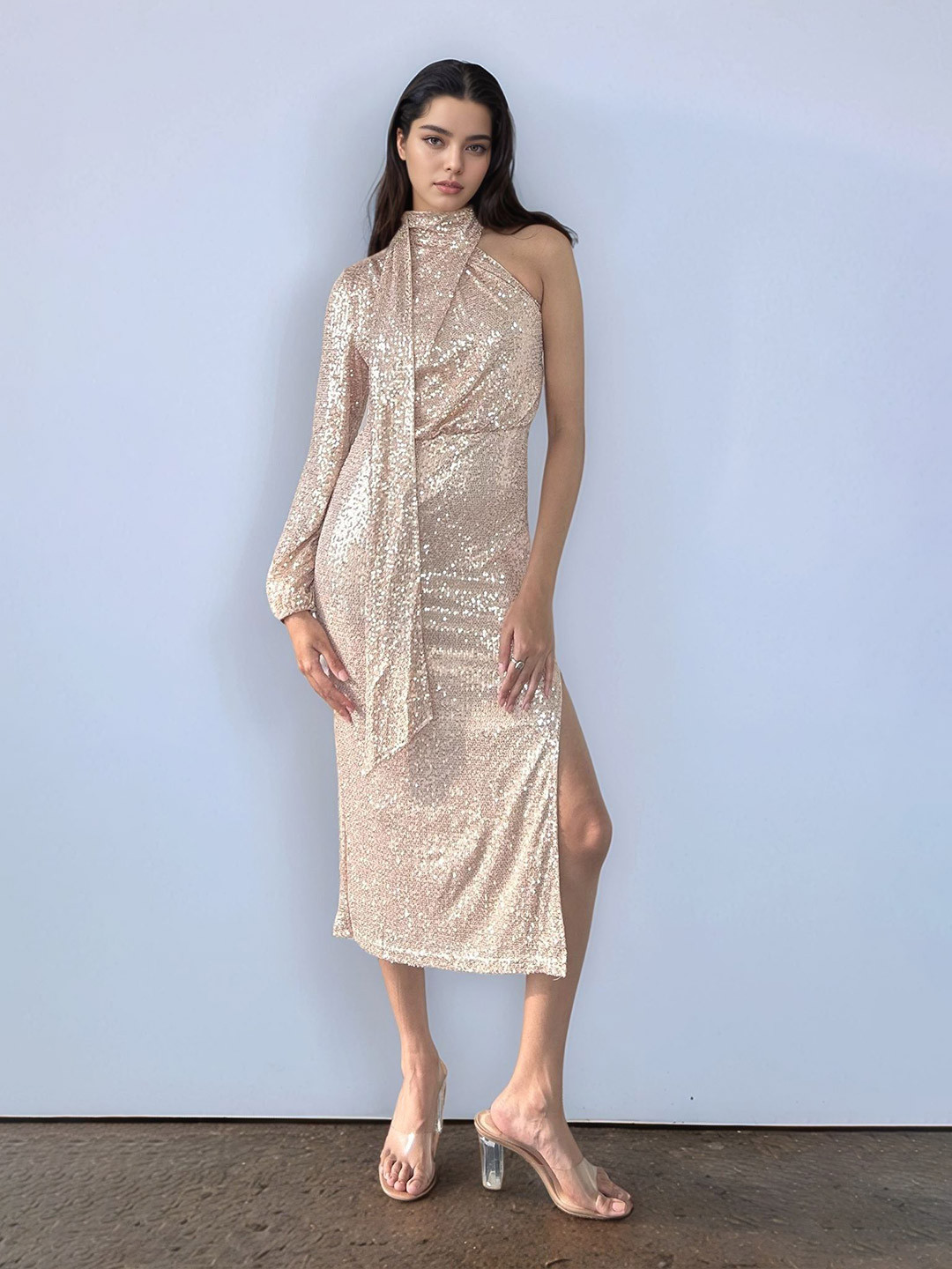 Outzidr One Shoulder Sequin Midi Dress