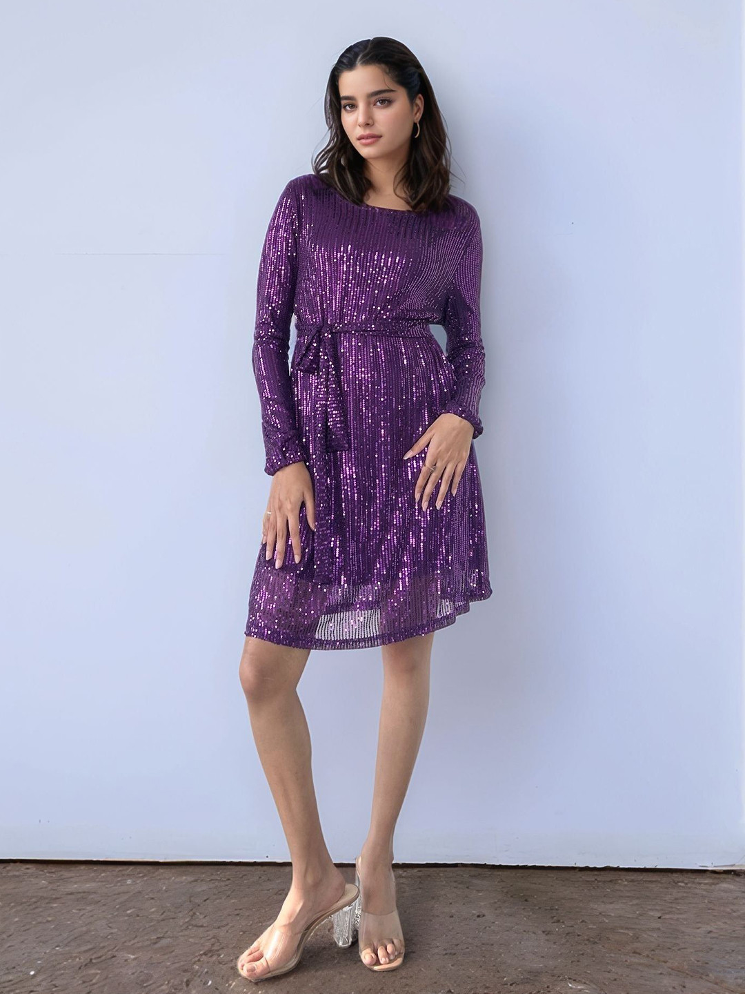 Outzidr Purple Sequined Knee Length Dress