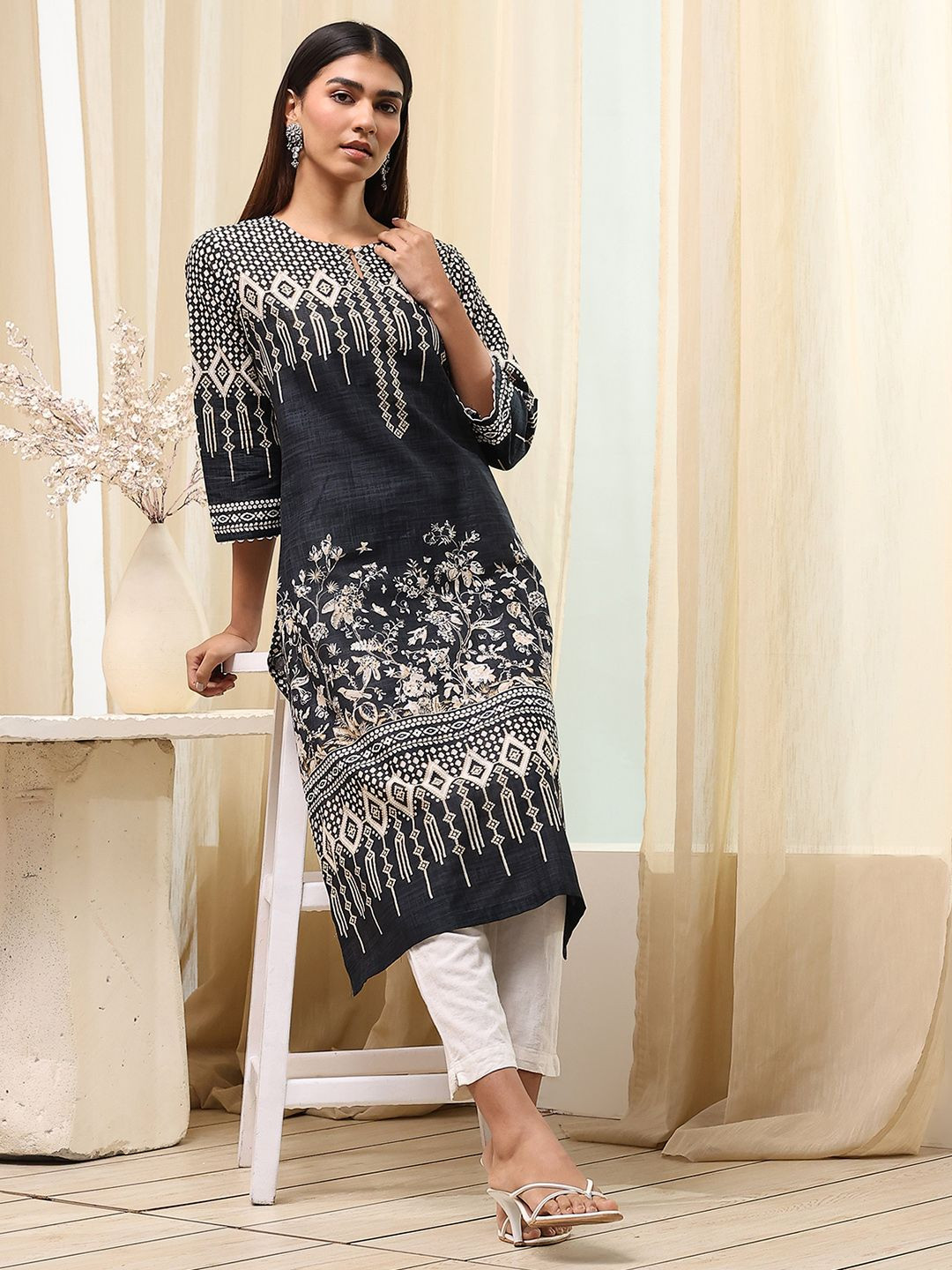 Biba Women Ethnic Motifs Printed Kurta Aline Ankle length Zari