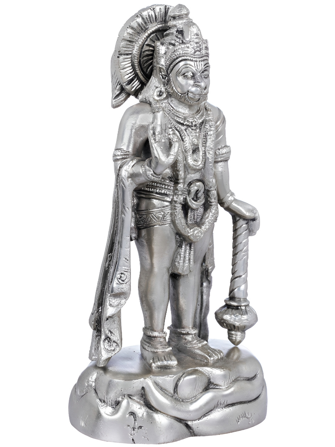 Exotic India Lord Hanuman Silver Brass Metallic Prayer Room Hand Made Small Showpiece - 7.5 Inches