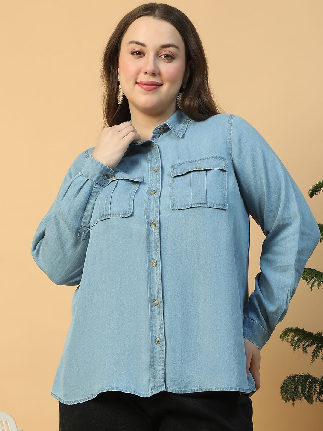 Oxolloxo Plus Size Collared Neck With Button Down Long Sleeve Tencel Denim Shirt