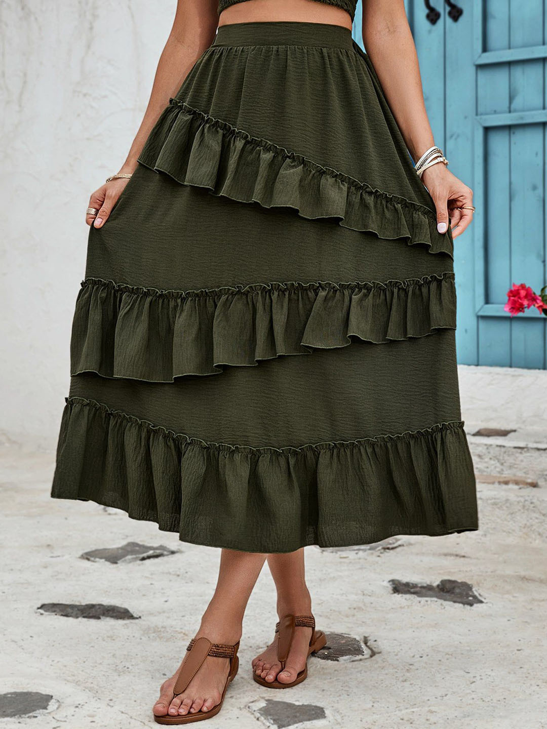 Outzidr Midi Skirt With Ruffle Detail