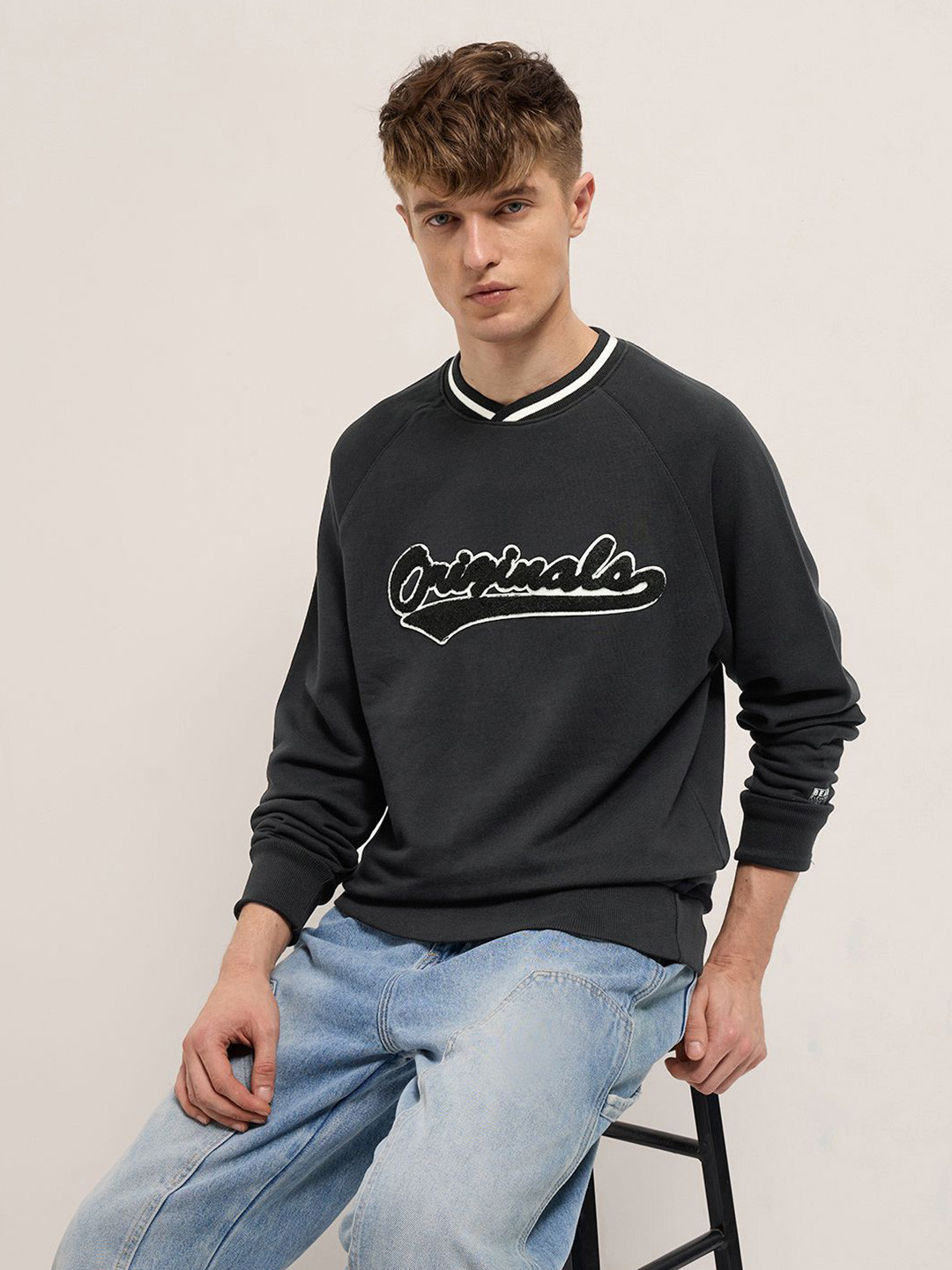 THE BEAR HOUSE Men Pure Cotton Graphic Sweatshirt with Striped V-Neck