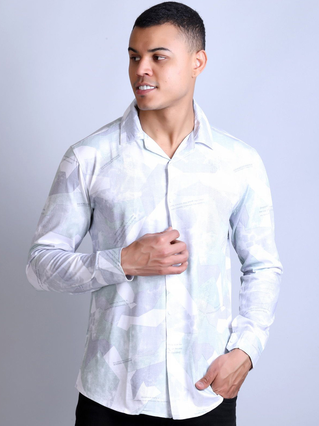 Parcel Yard Men Standard Printed Cuban Collar Slim Fit Wrinkle Free Cotton Casual Shirt