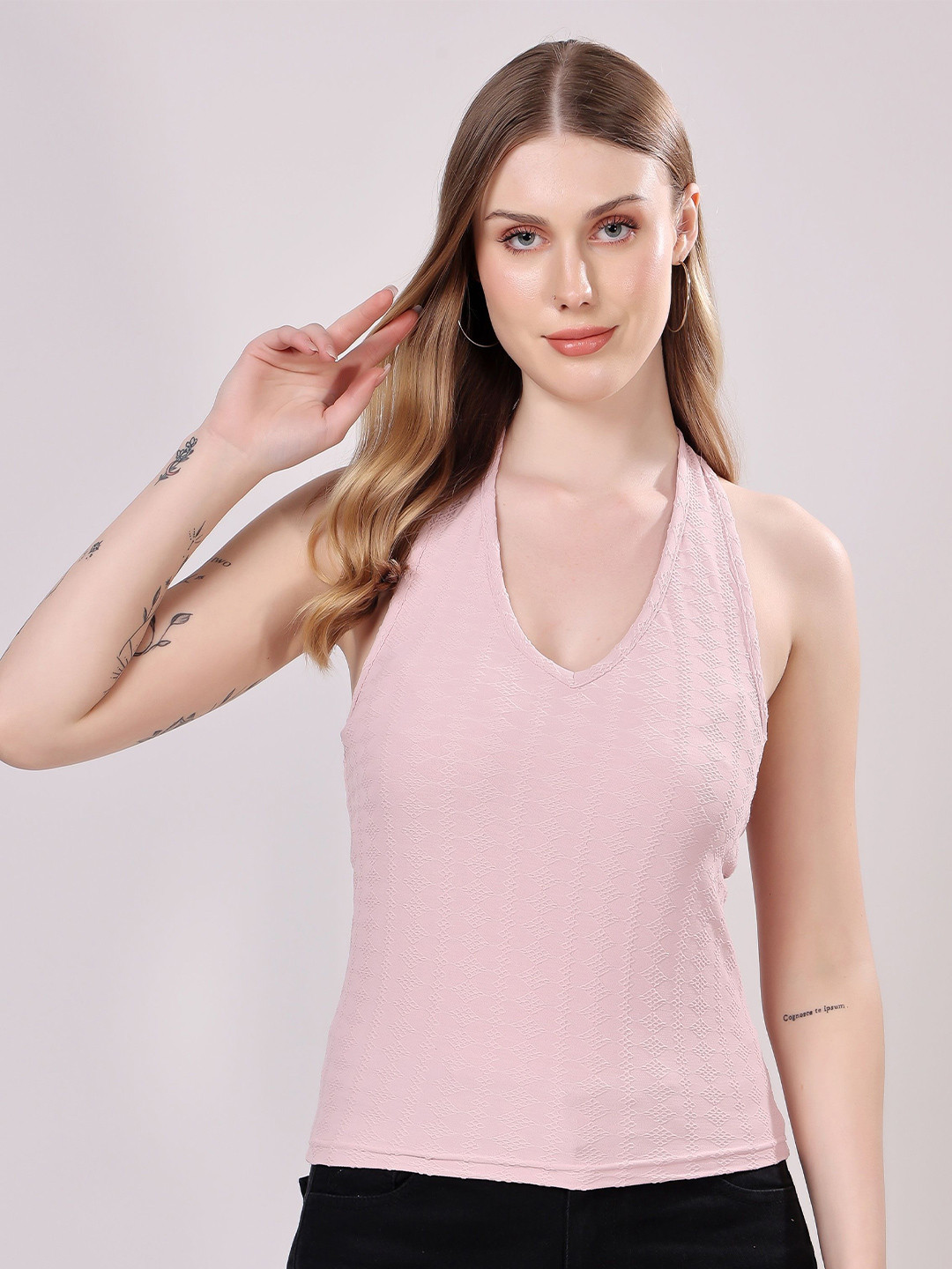 London Hills women Self Design smocking Halter Neck tank Top