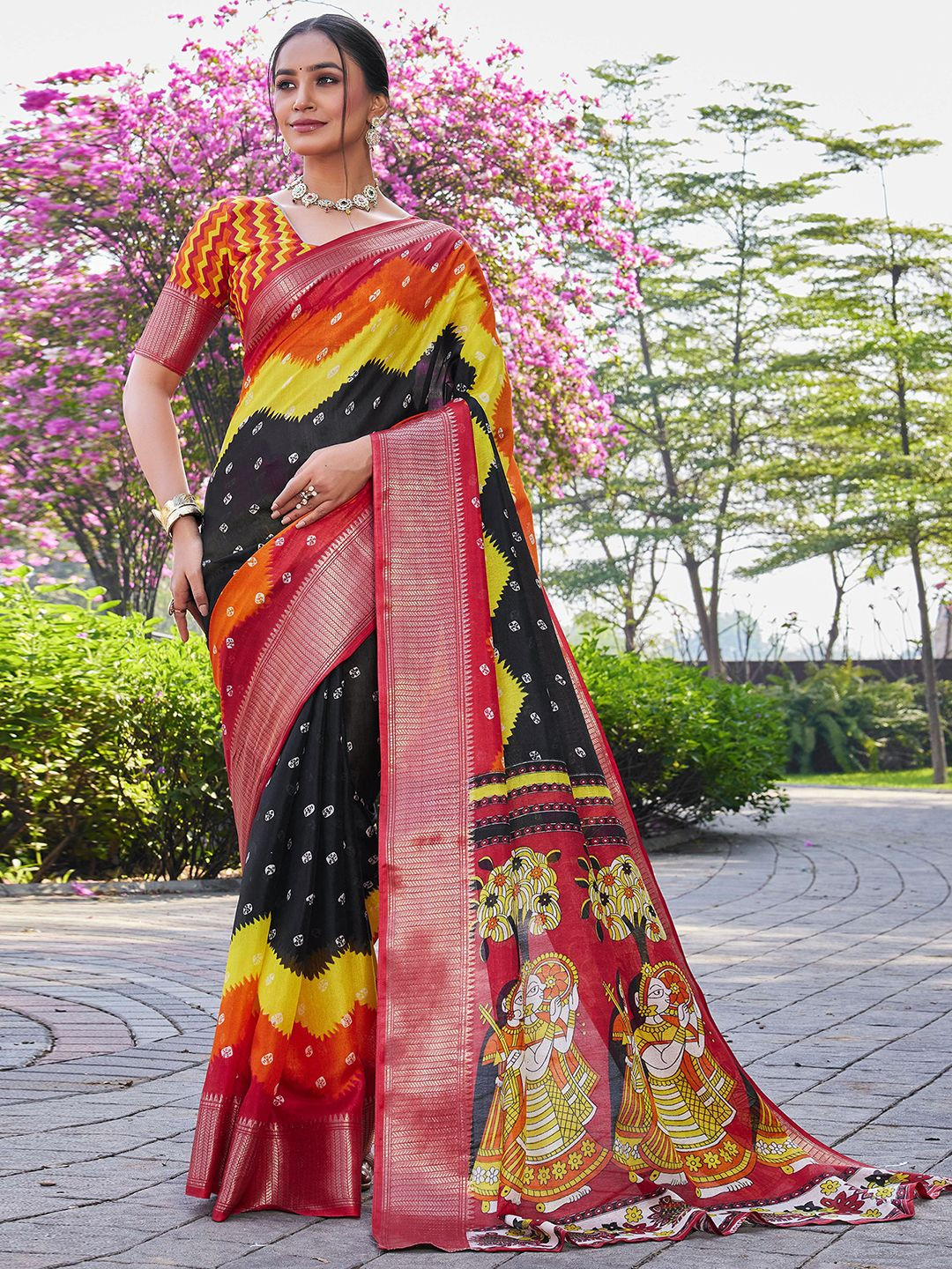 KALINI Warli Zari Silk Blend Designer Bomkai silk Saree
