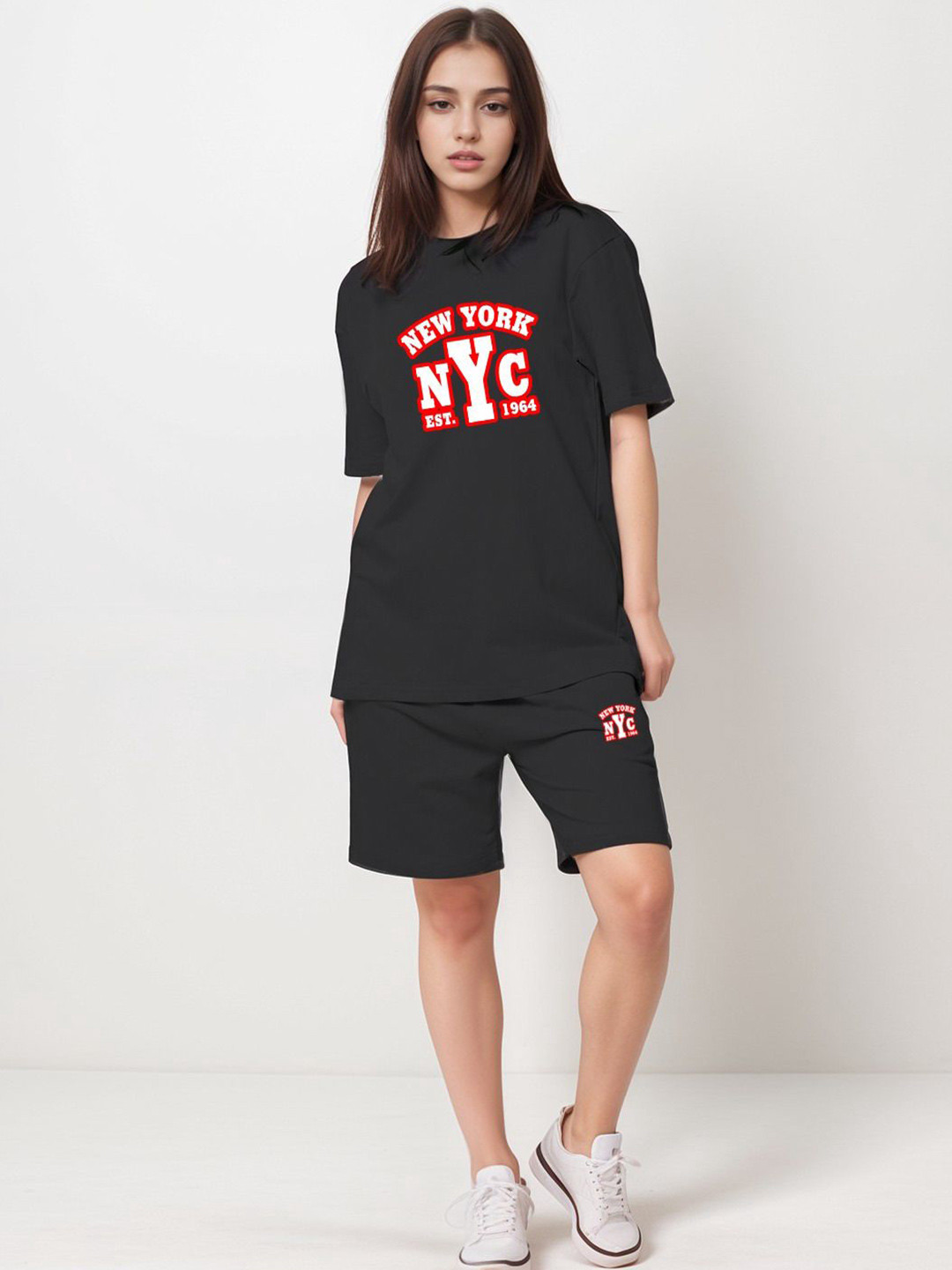 FITIN OUTFIT Printed Cotton Round Neck T-shirt with Shorts Co-Ords