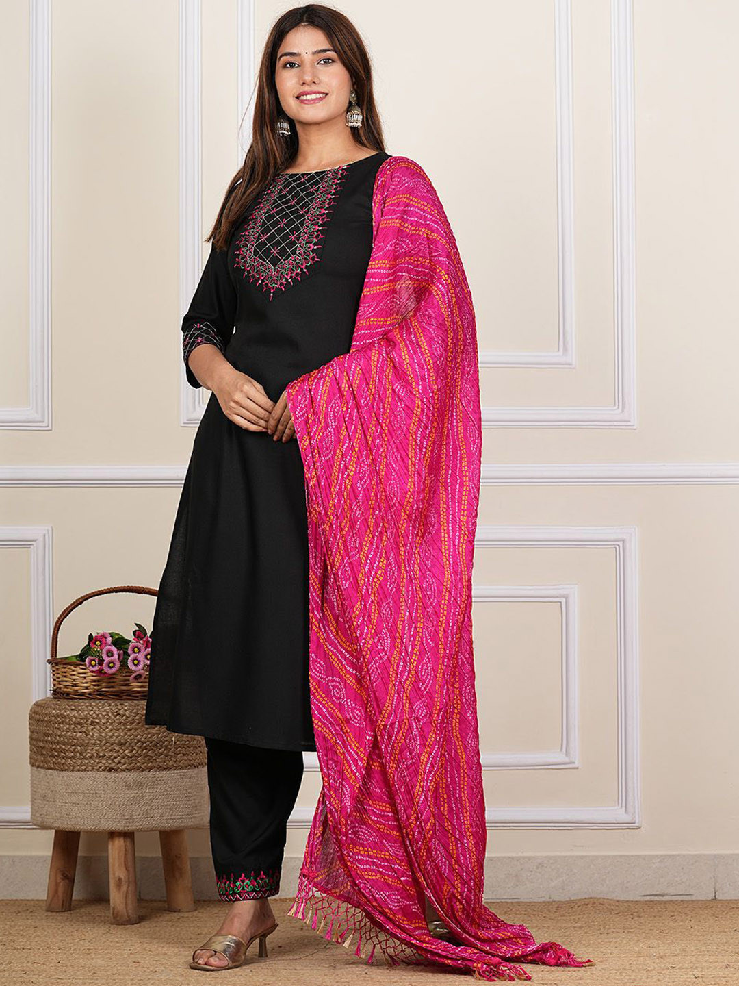 Indi INSIDE Women Solid Embroidered Regular Straight Kurta Trousers Dupatta