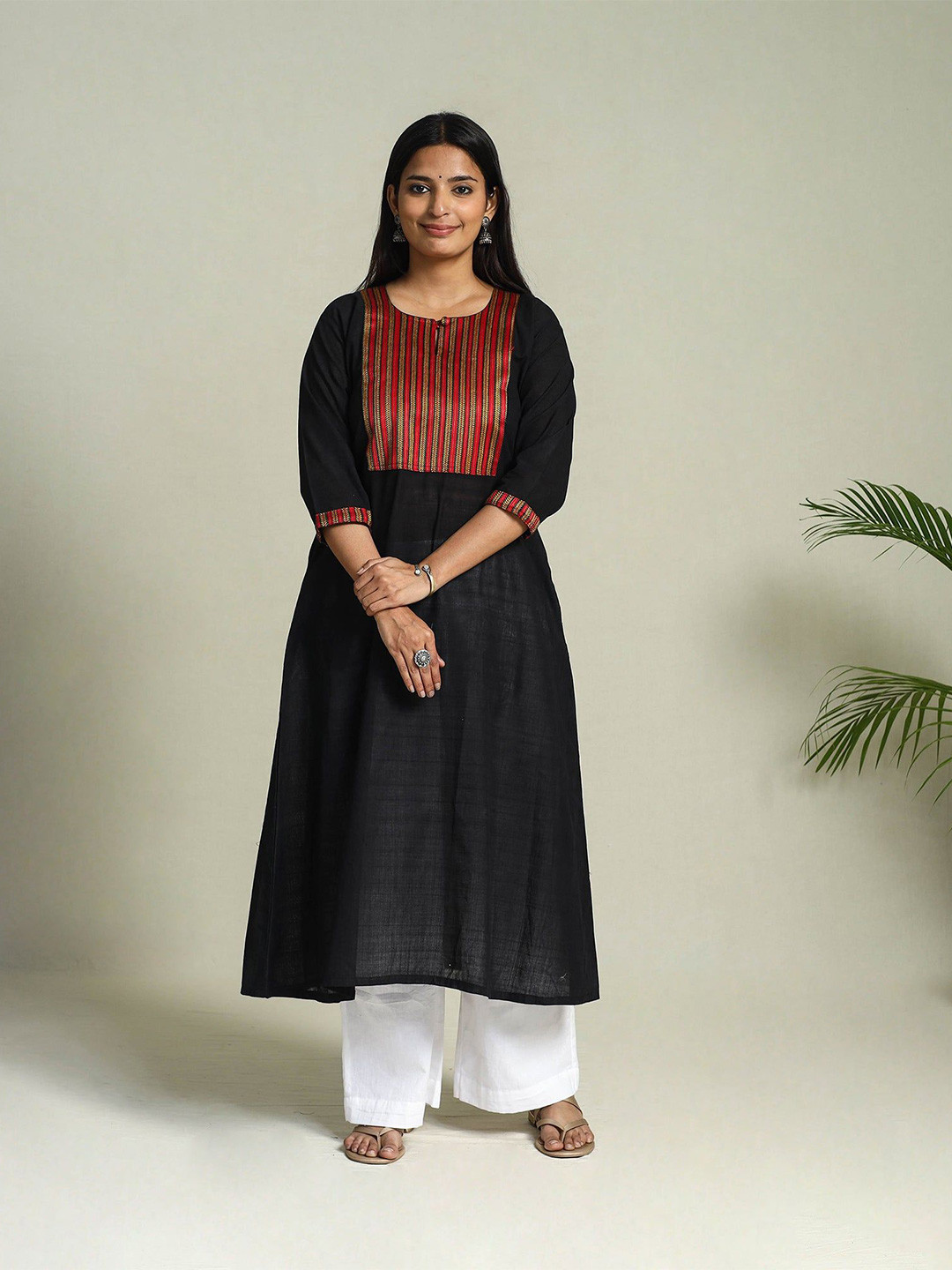 iTokri Women Black Thread Work Cotton Handloom Anarkali Kurta