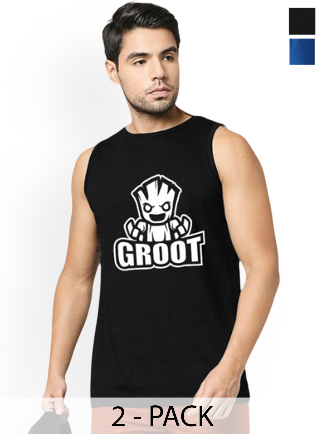 Organic Chics Pack Of 2 Printed Cotton Tanks Royal Avenger - Black Groot_S