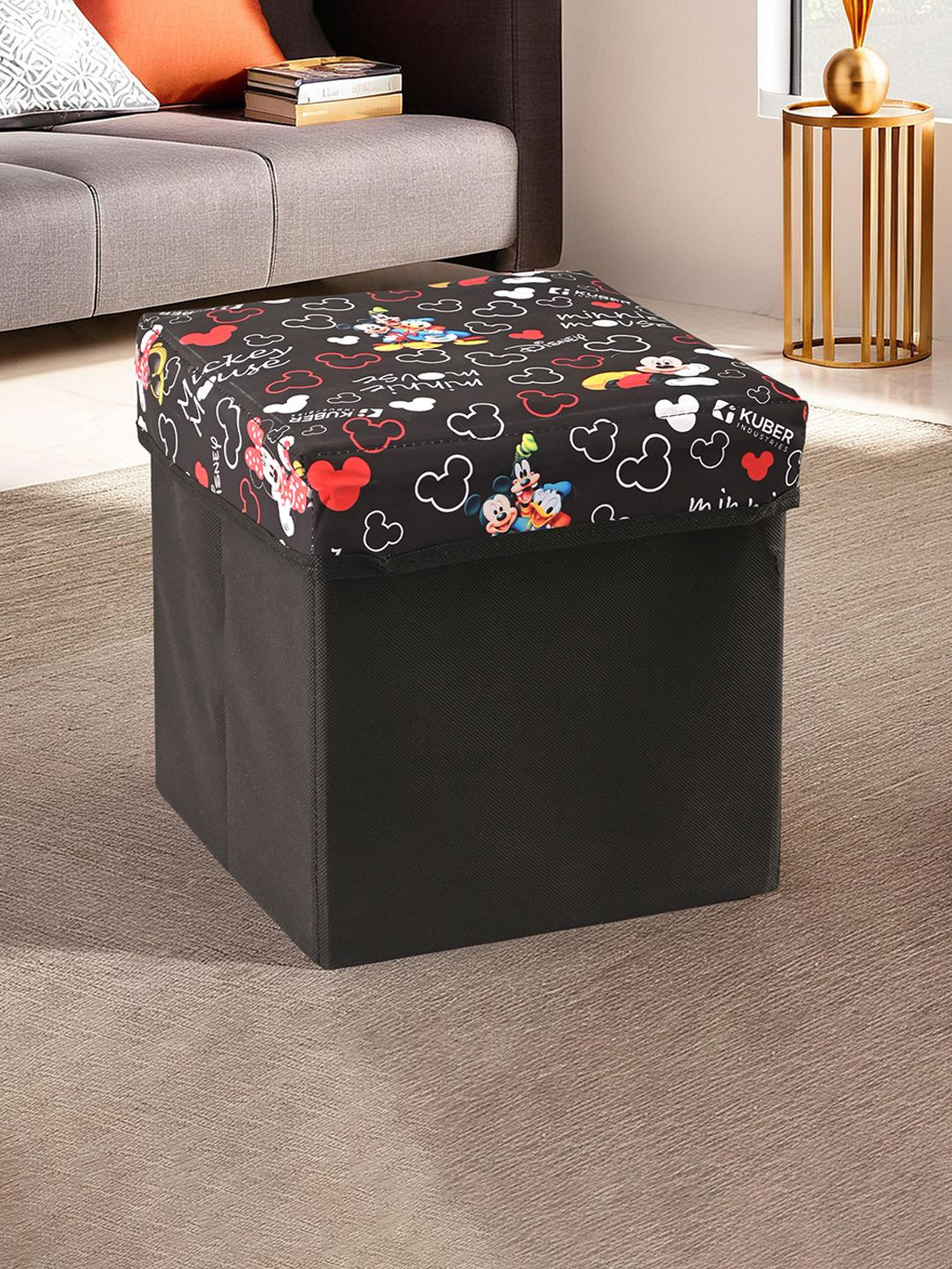 Kuber Industries Black & Red Printed 22L Folding Seating Ottoman Stool