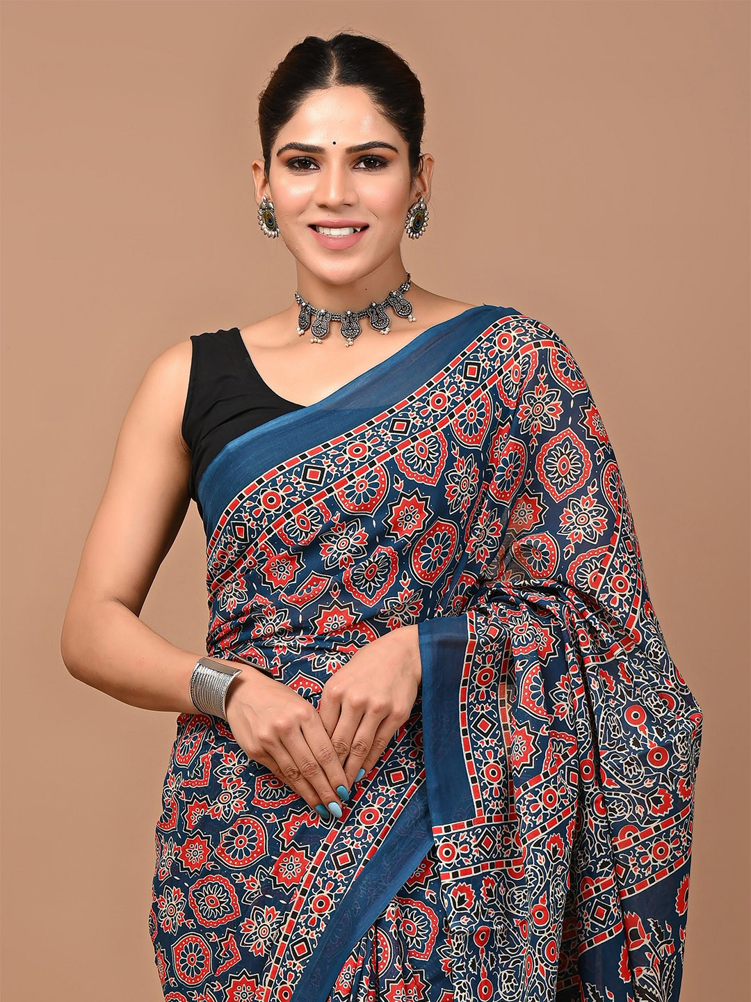 Crafts Moda Ajrak Pure Cotton Block Print Saree