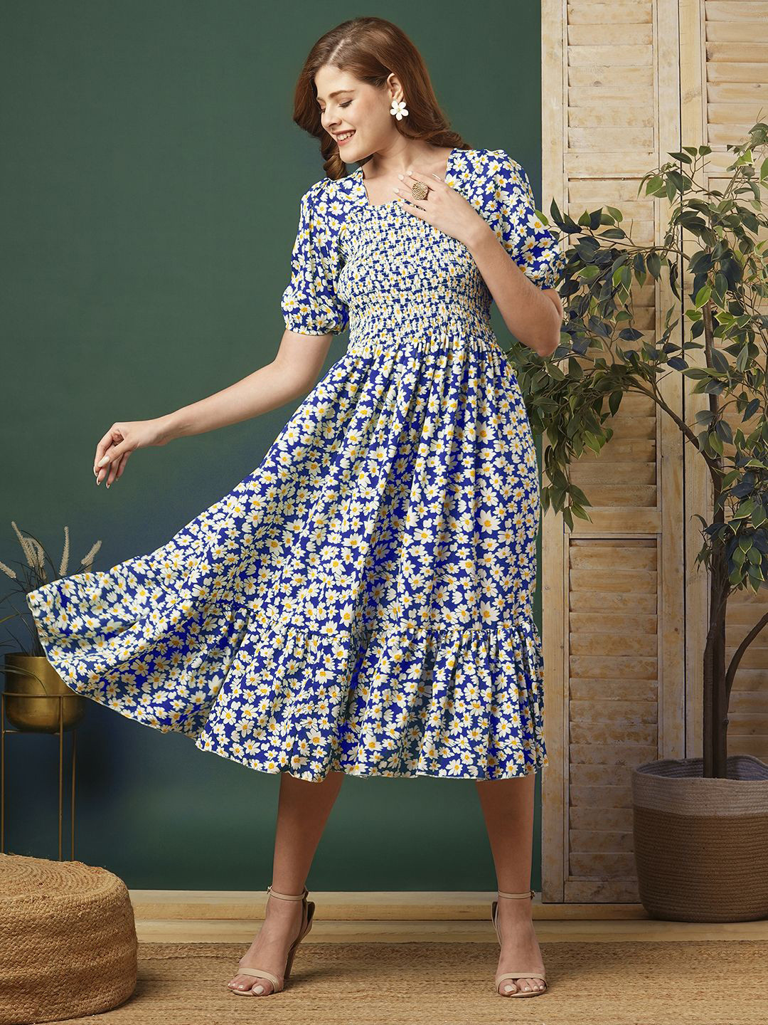 CORSICA Women Floral Printed Puff Sleeves Smoked Fit & Flare Knee Length Dress