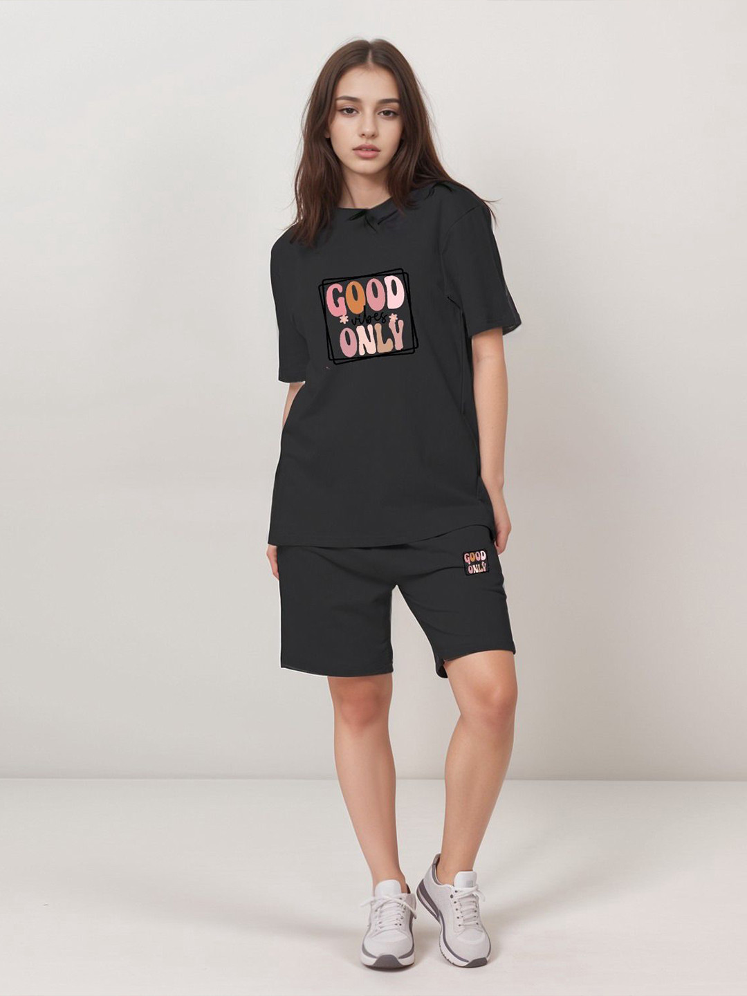 Good Vibes Only Printed T-Shirt with Shorts Co-Ords