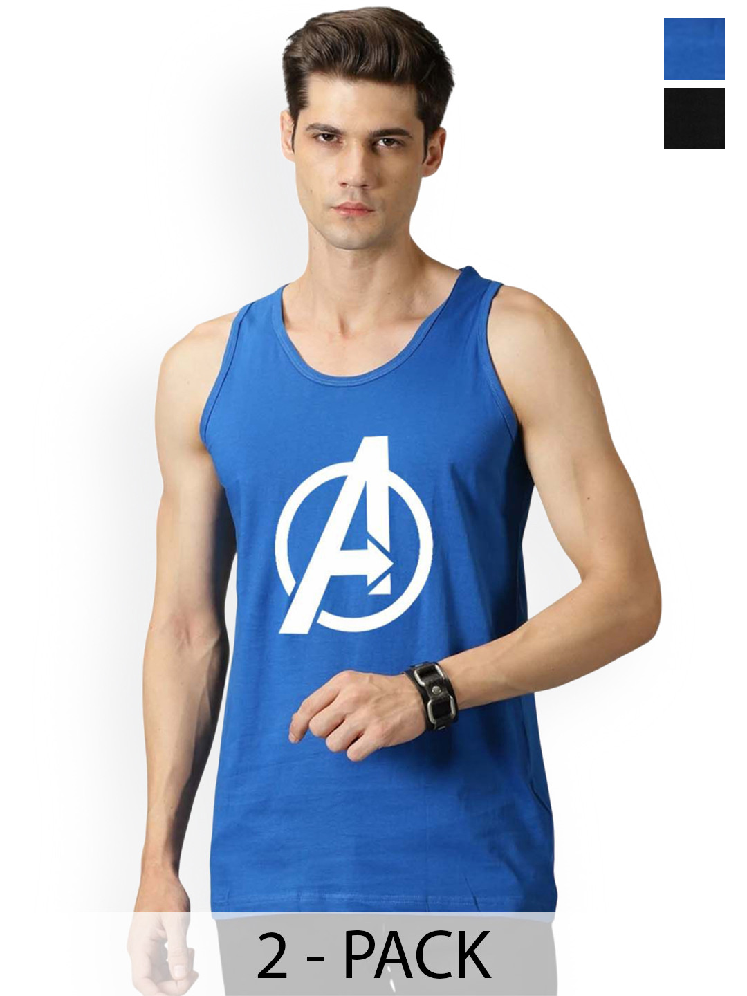 Organic Chics Pack Of 2 Avengers Printed Cotton Vests RoyalAvenger-BlackMarshmellow_S