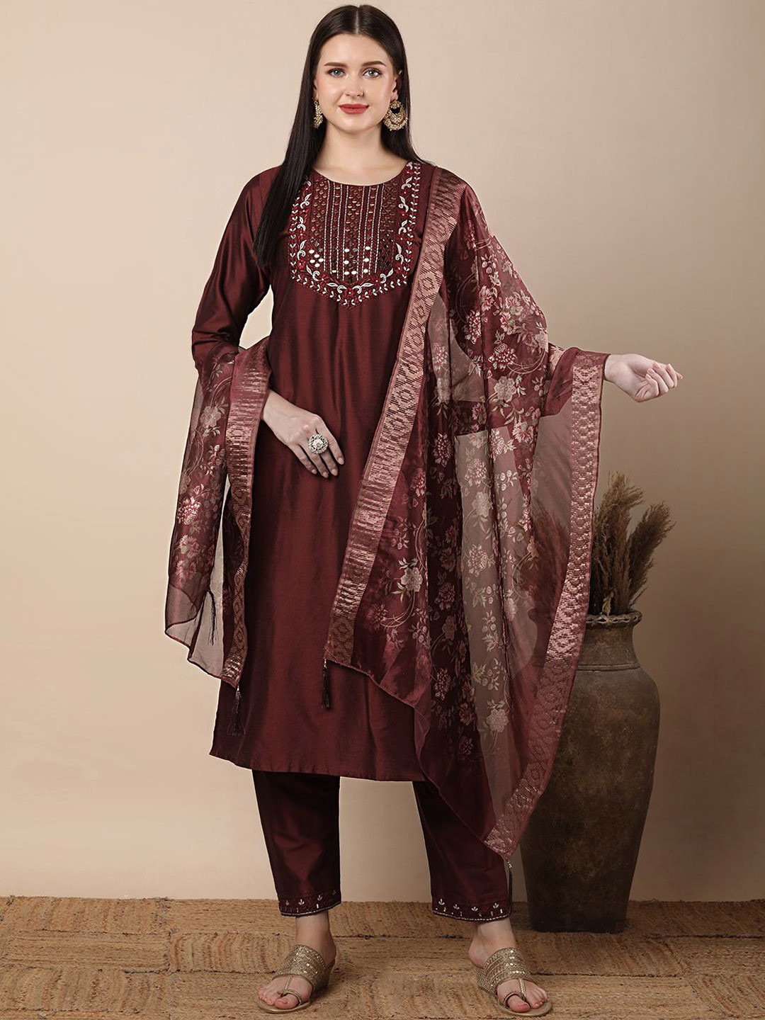 FASHOR Women Rust Embroidered Mirror Work Pure Cotton Kurta with Trousers & With Dupatta