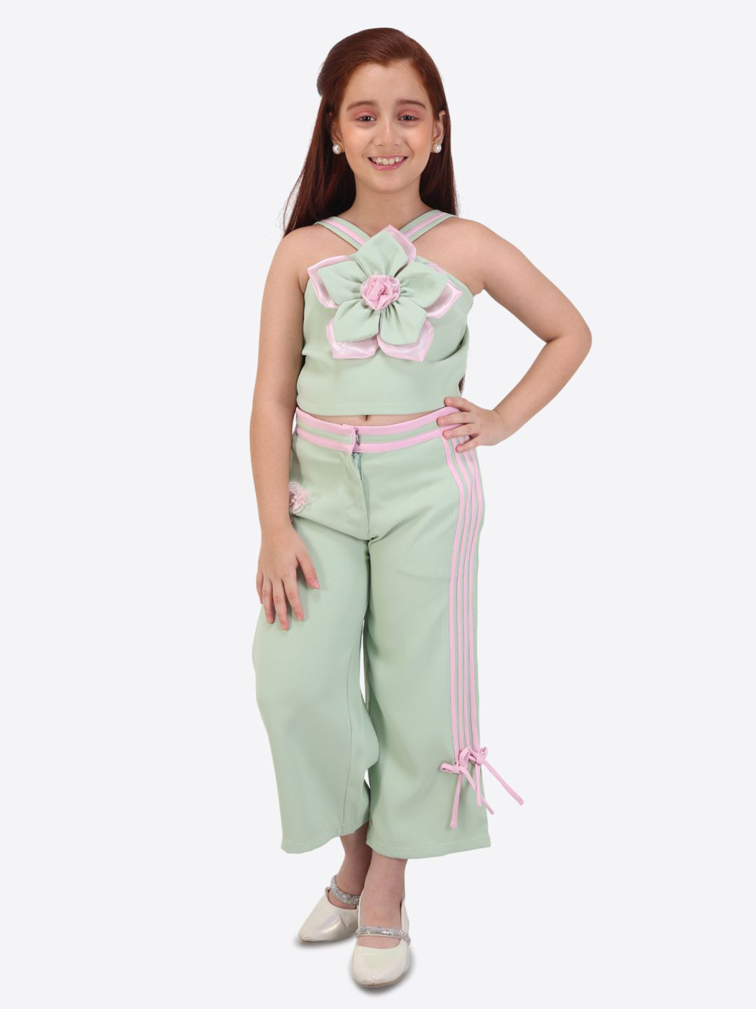 CUTECUMBER Girls Embellished Shoulder Straps Top With Trousers