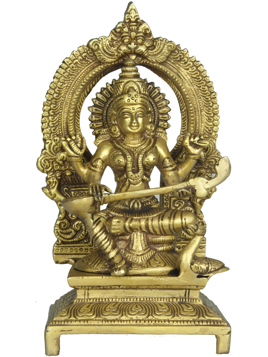 Exotic India Goddess Saraswati Seated on Throne Gold Brass Metallic Prayer Room Hand Made Small Showpiece - 7.5 Inches