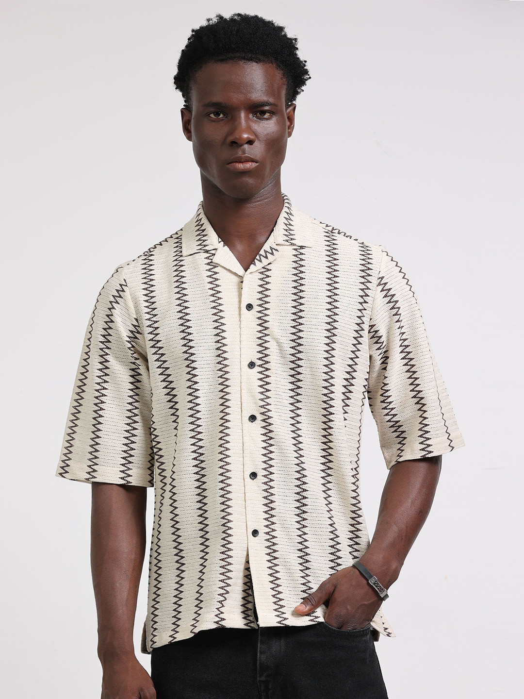 HOUSE OF MAHNOTS Men Comfort Slim Fit Chevron Striped Cuban Collar Casual Shirt