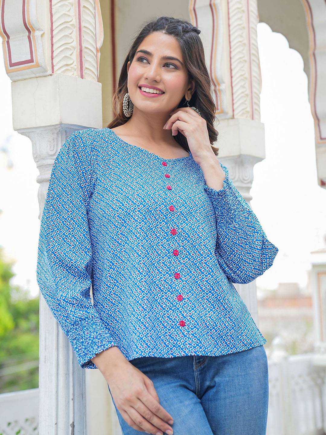 IKRASS Women Geometric Print Puff Sleeve Cuffed Sleeves Top