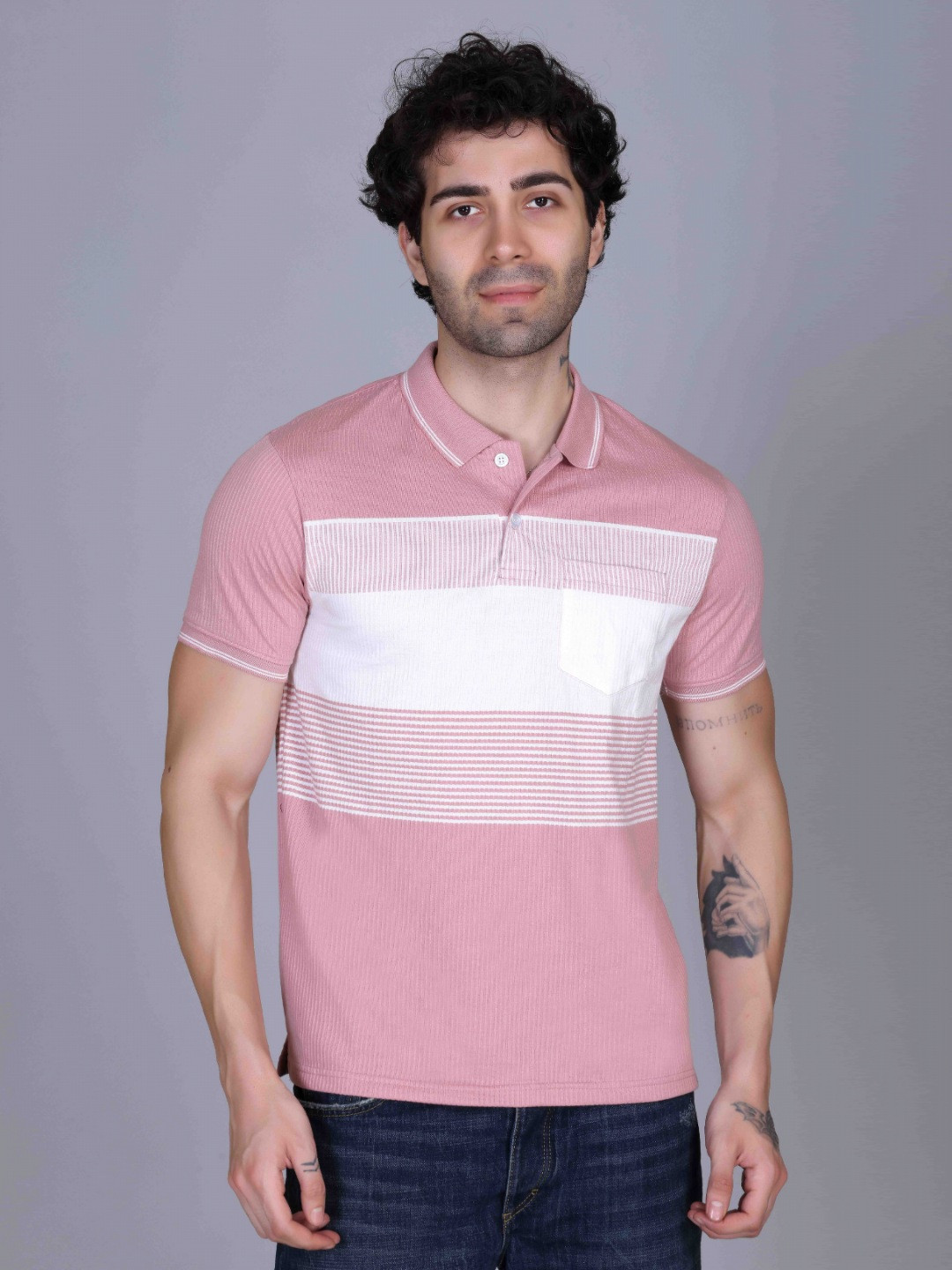 SANE ORIGINALS Men Striped Polo Collar Extended Sleeves Pockets T-shirt