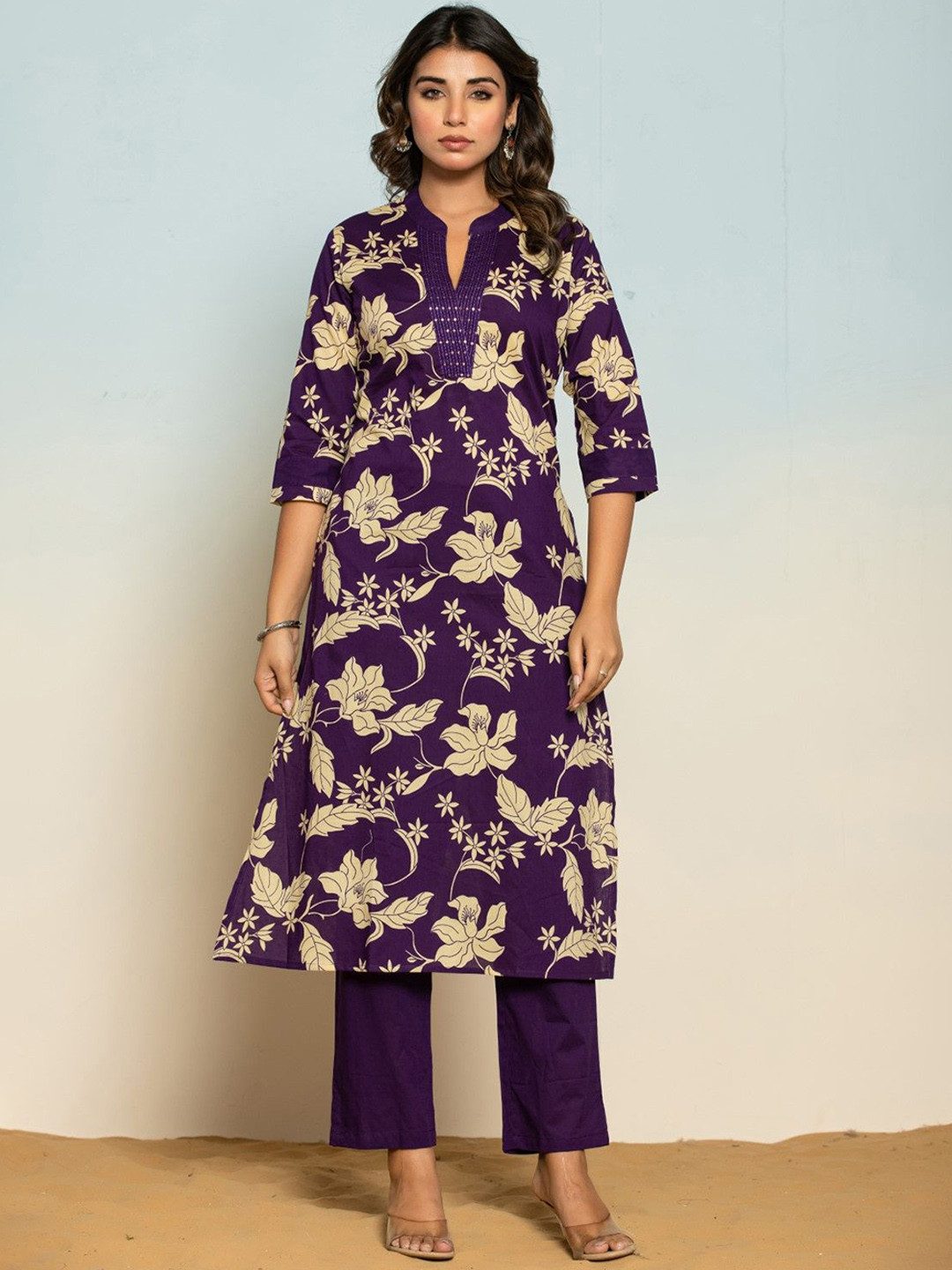 AUTUMN LANE Sasha Orchid Floral Printed Pure Cotton Straight Kurta With Trousers