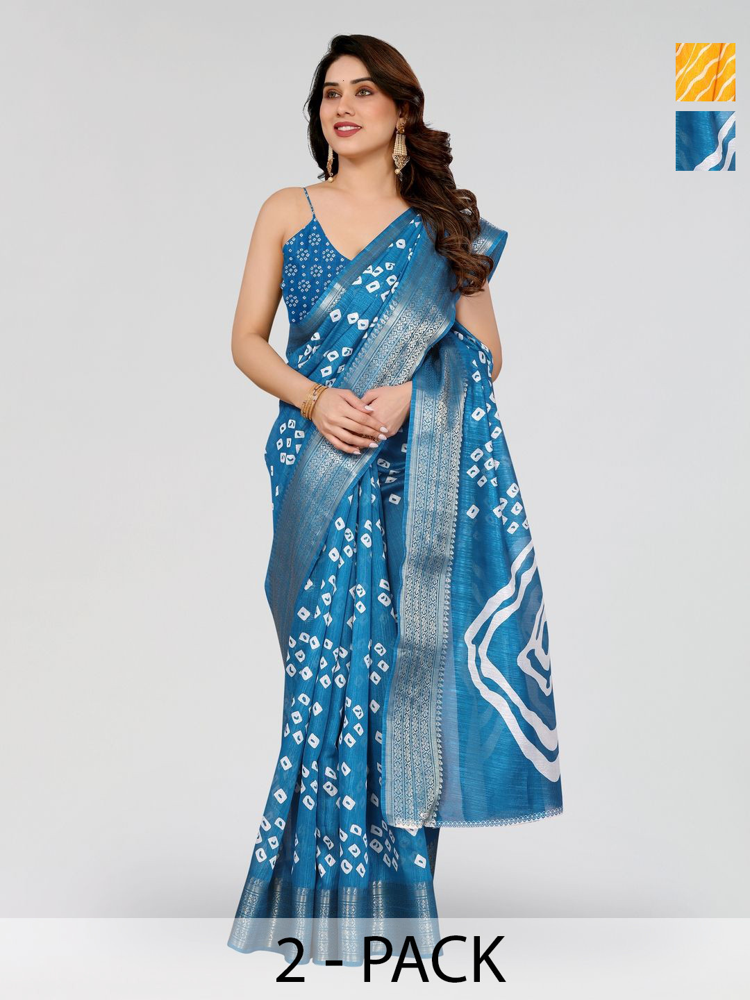 Moda Rapido Women Floral Print Bandhani Zari Cotton Blend Pack of 2 Sarees