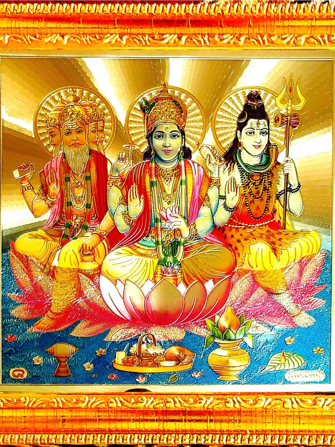 SUNINOW Gold-Toned & Red Brahma Vishnu Mahesh Wooden Religious Photo Frame