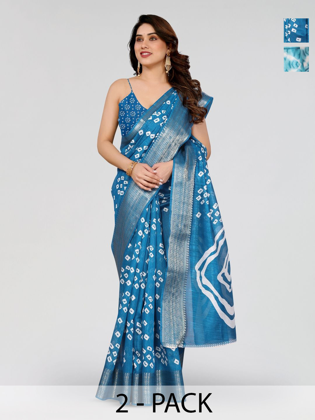 Moda Rapido Women Floral Print Bandhani Zari Cotton Blend Pack of 2 Sarees