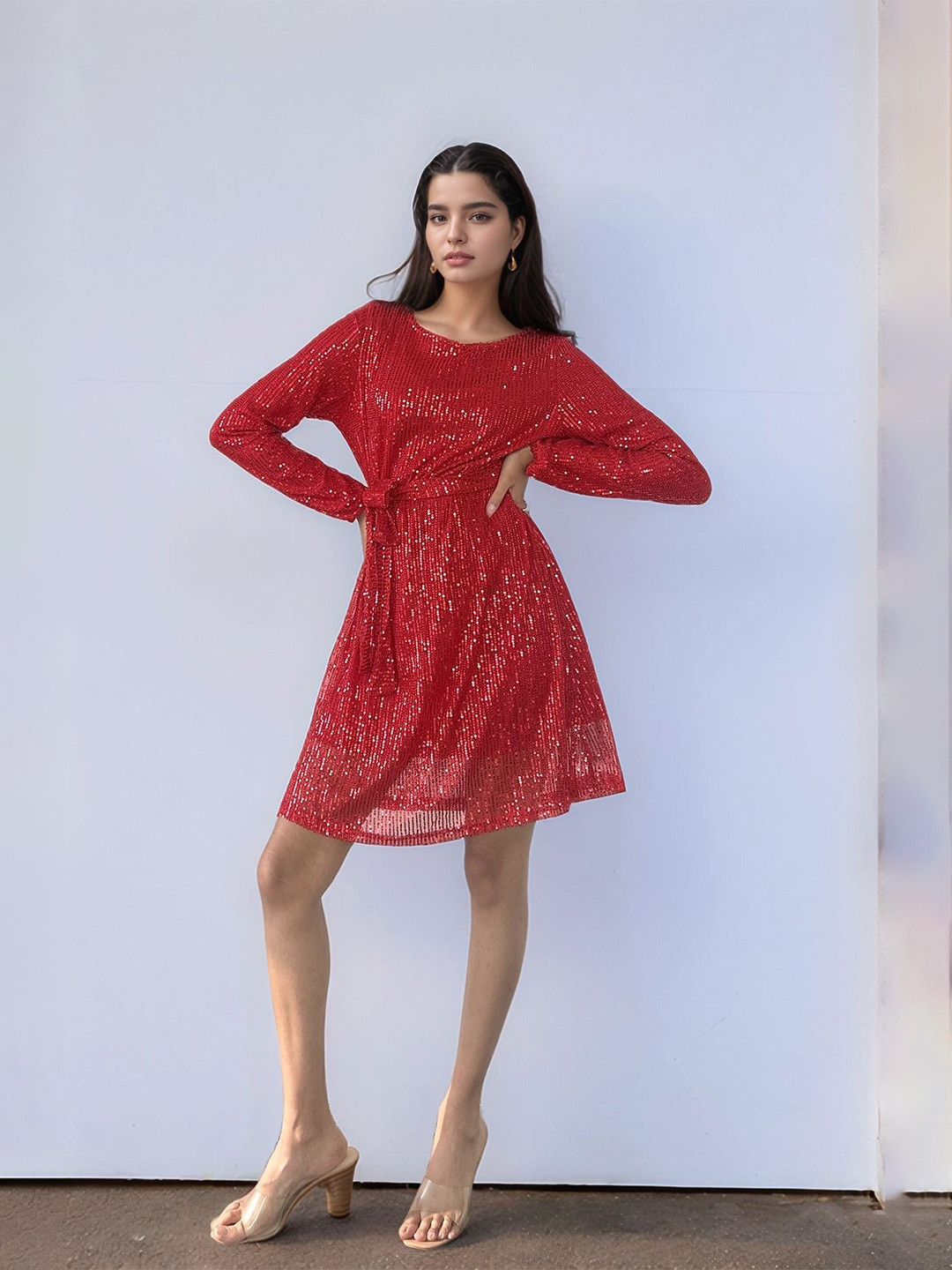 Outzidr Red Sequined Mini Dress