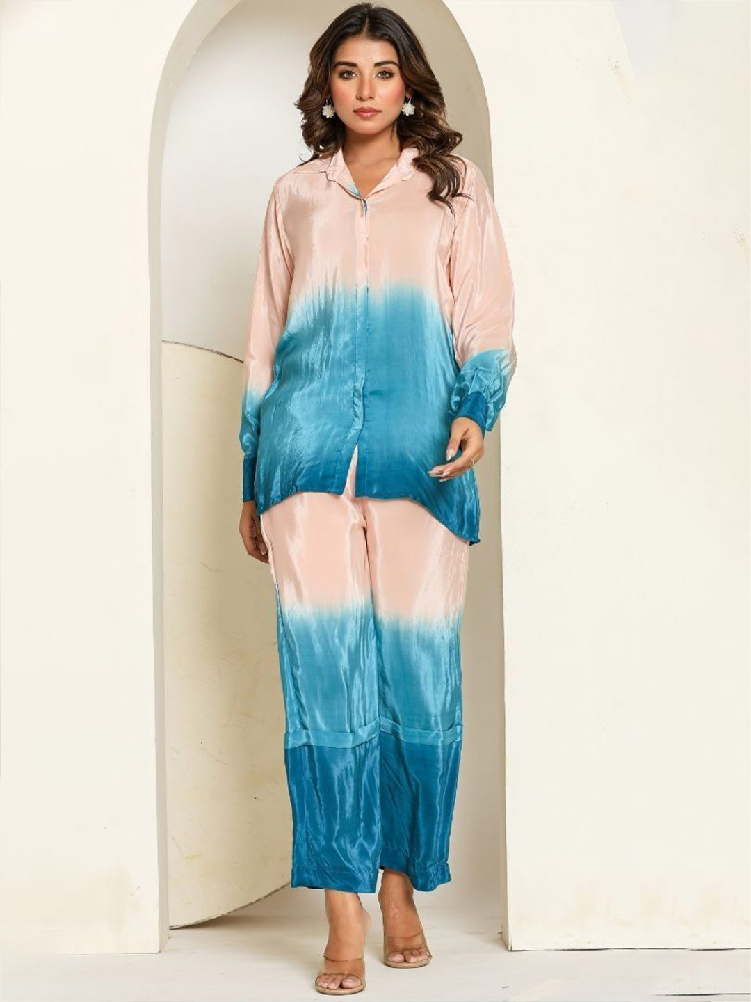 HOUSE OF JAMOTI Ocean Blush Colourblocked Shirt With Palazzos Co-ord Set