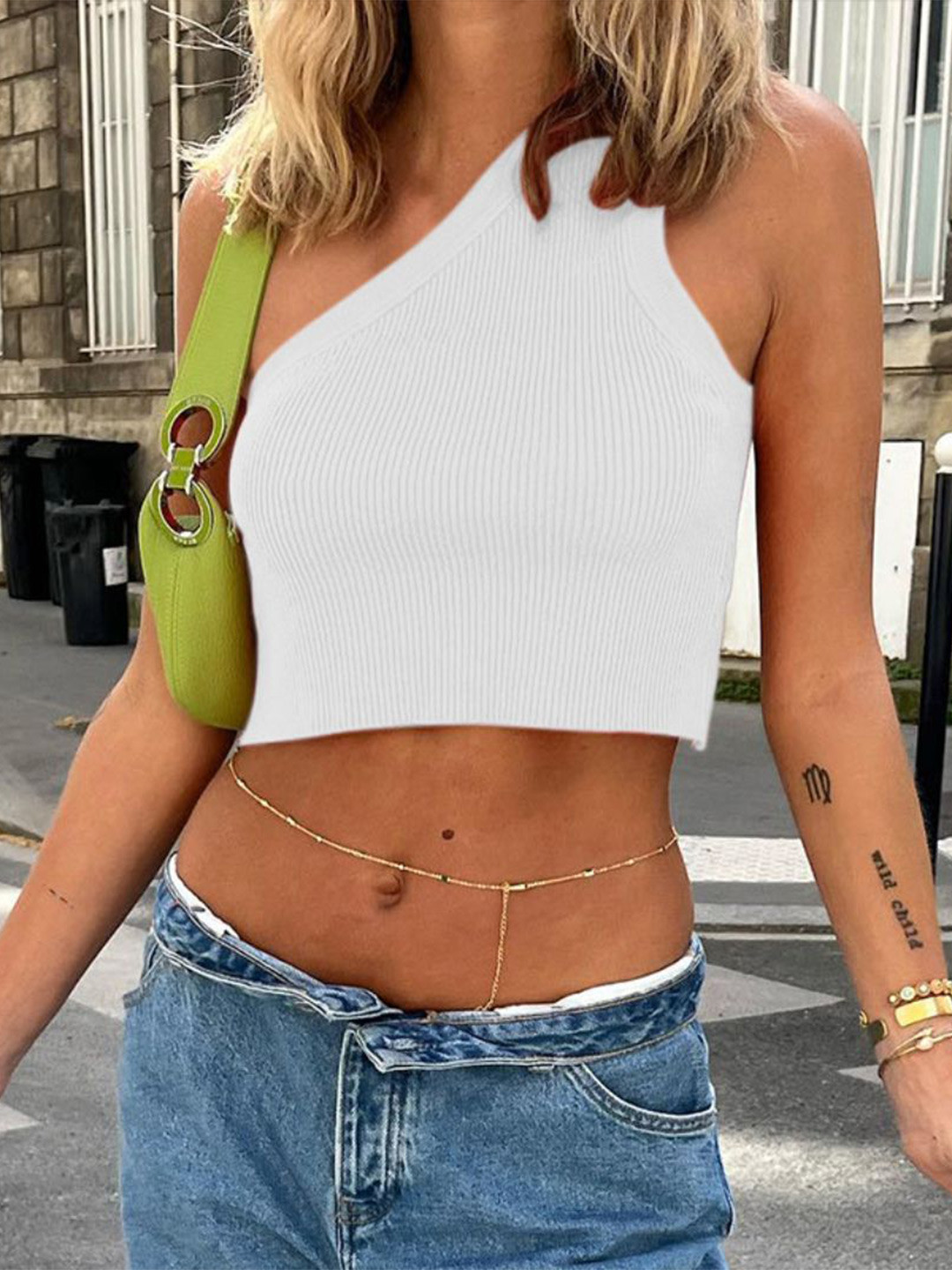 StyleCast Women Solid Ribbed One Shoulder Crop Top