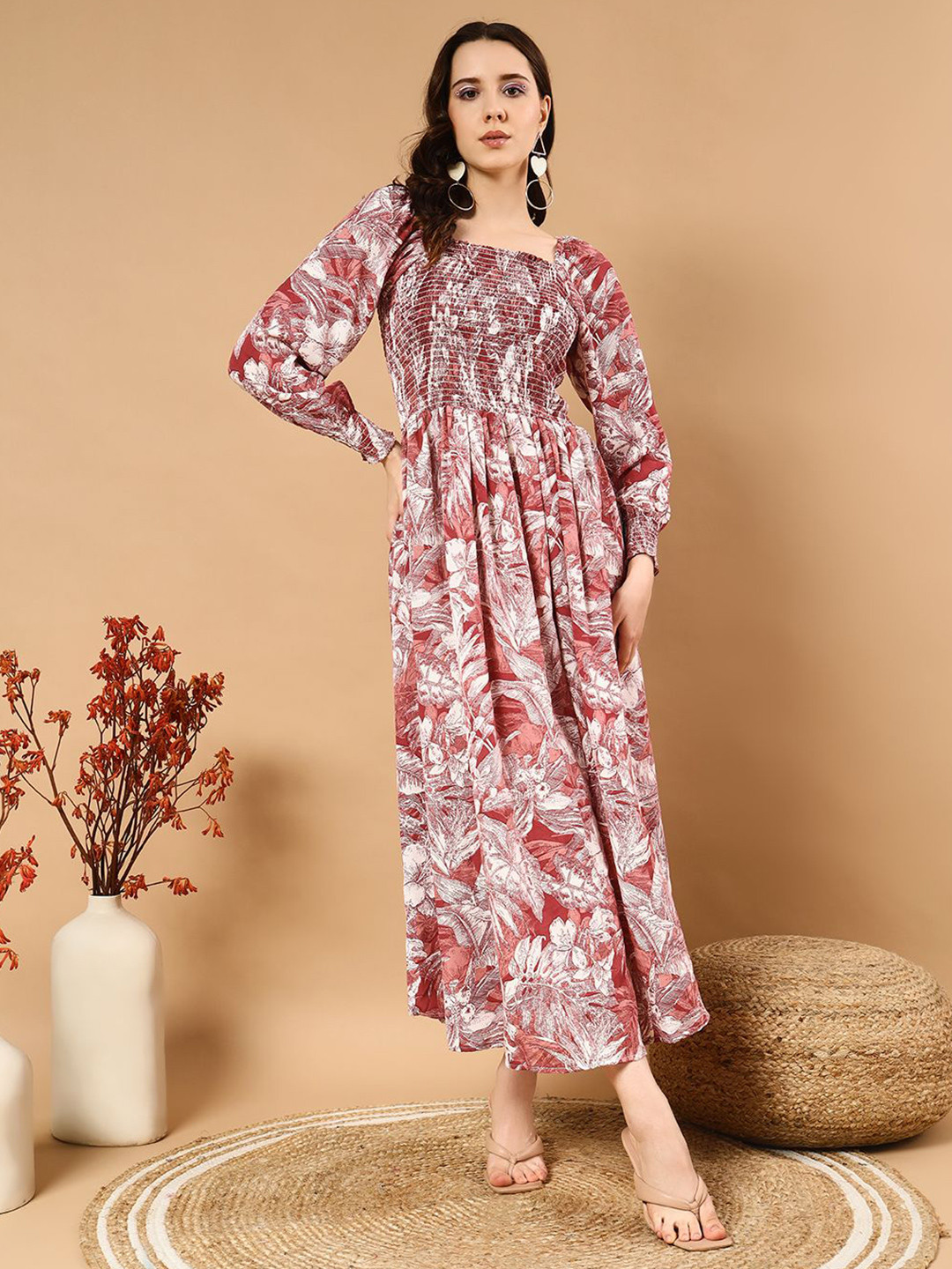 CORSICA Women Puff Sleeves Smoked Details Fit & Flare Knee Length Dress