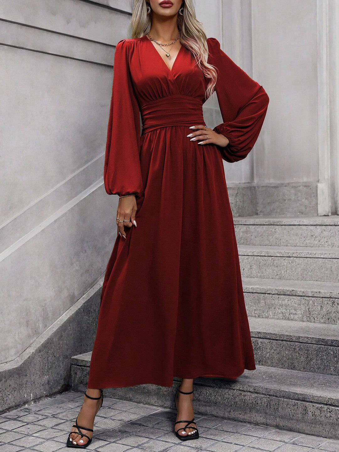 The Roadster Lifestyle Co. Women V-Neck Pleated A-Line Maxi Dress