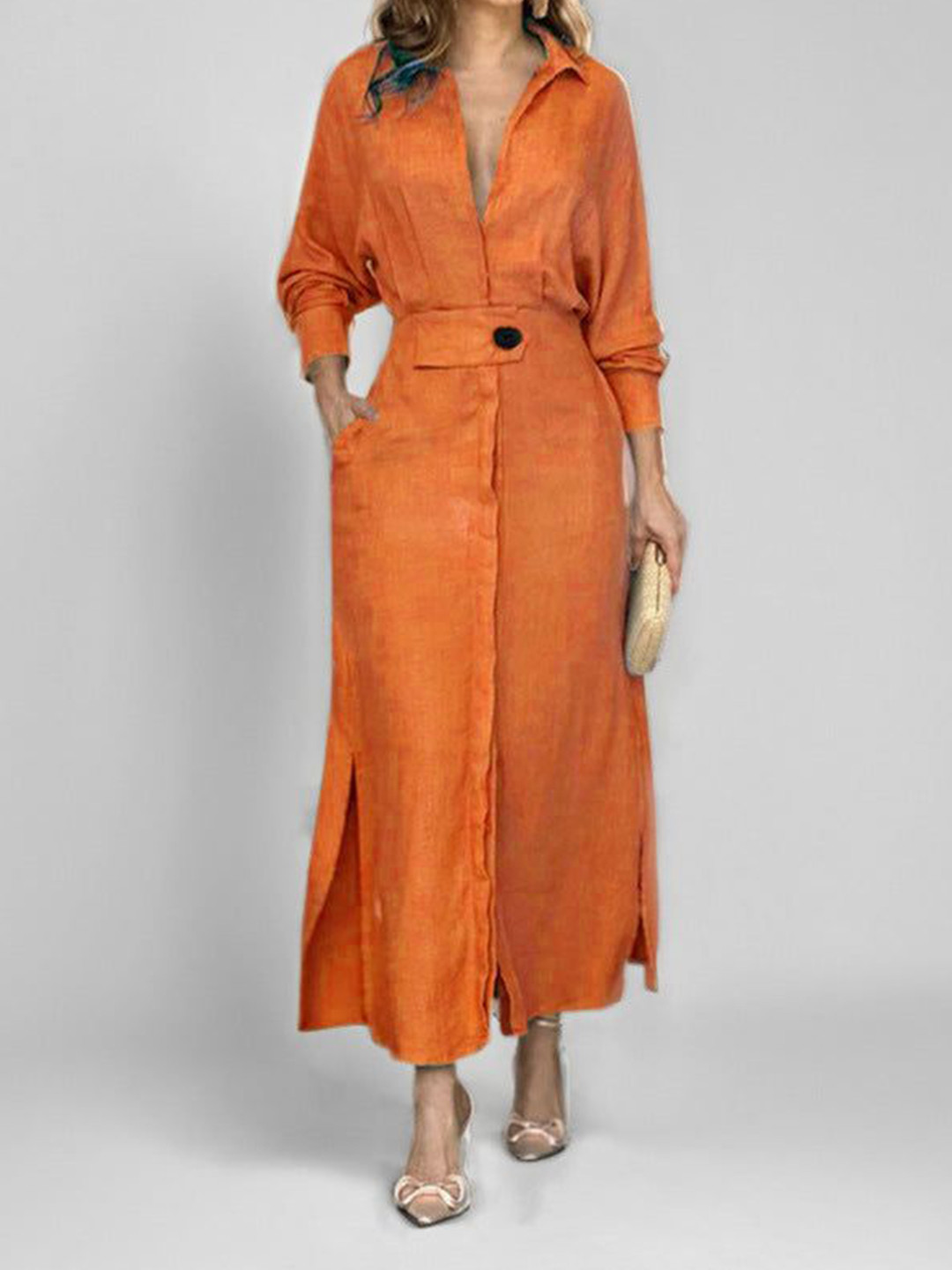 Outzidr Solid Side Slit Shirt Dress